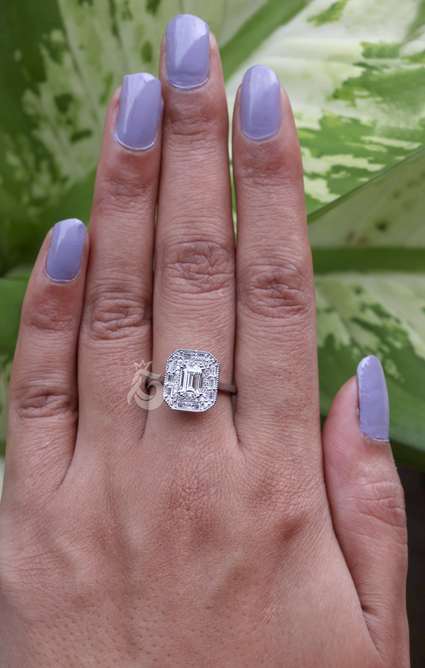 Emerald Cut Moissanite Engagement Ring – 10K White Gold Baguette Side Stone Halo Ring