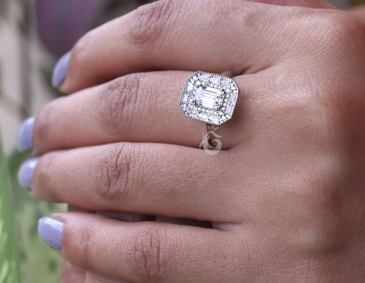 Emerald Cut Moissanite Engagement Ring – 10K White Gold Baguette Side Stone Halo Ring