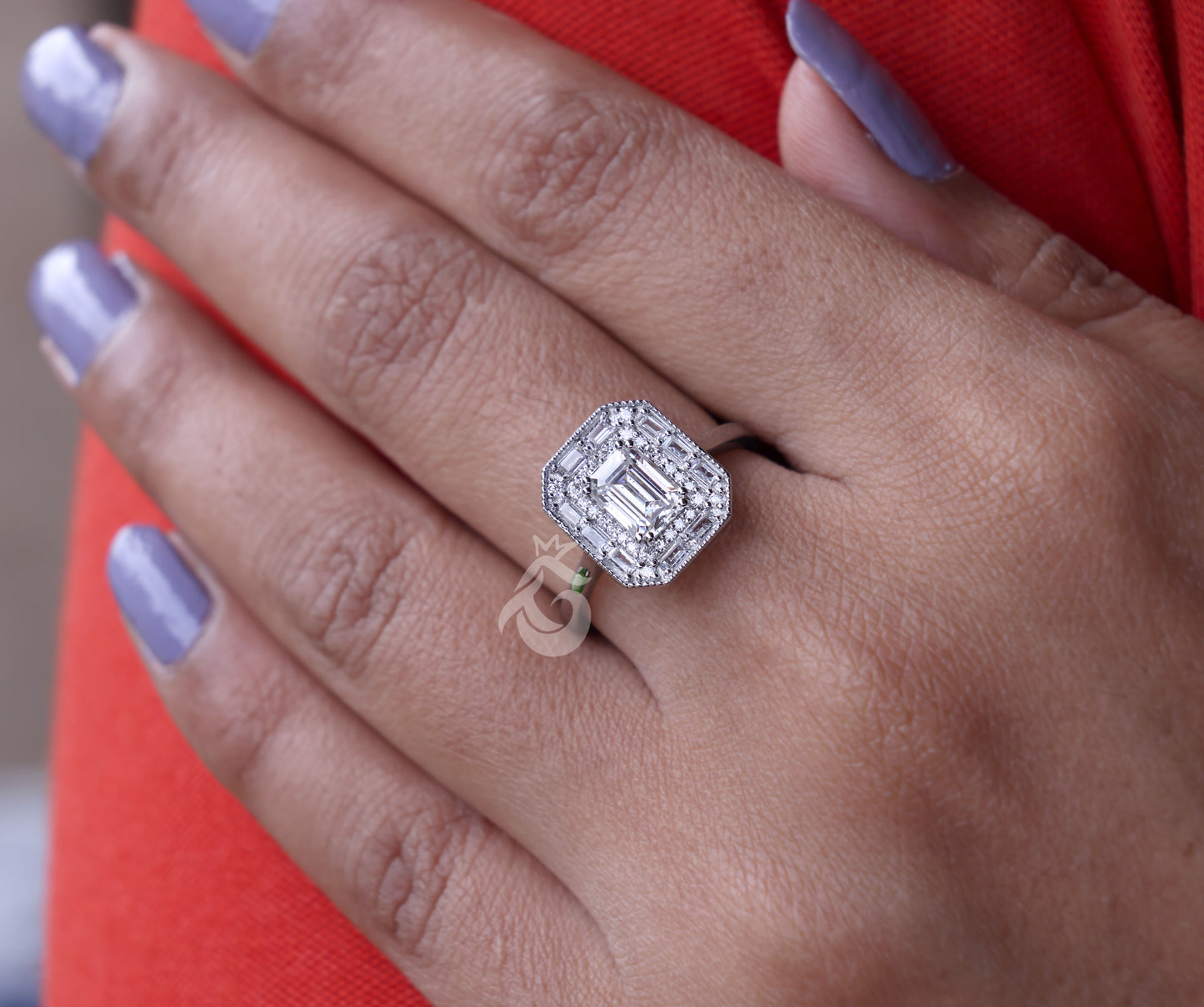 Emerald Cut Moissanite Engagement Ring – 10K White Gold Baguette Side Stone Halo Ring