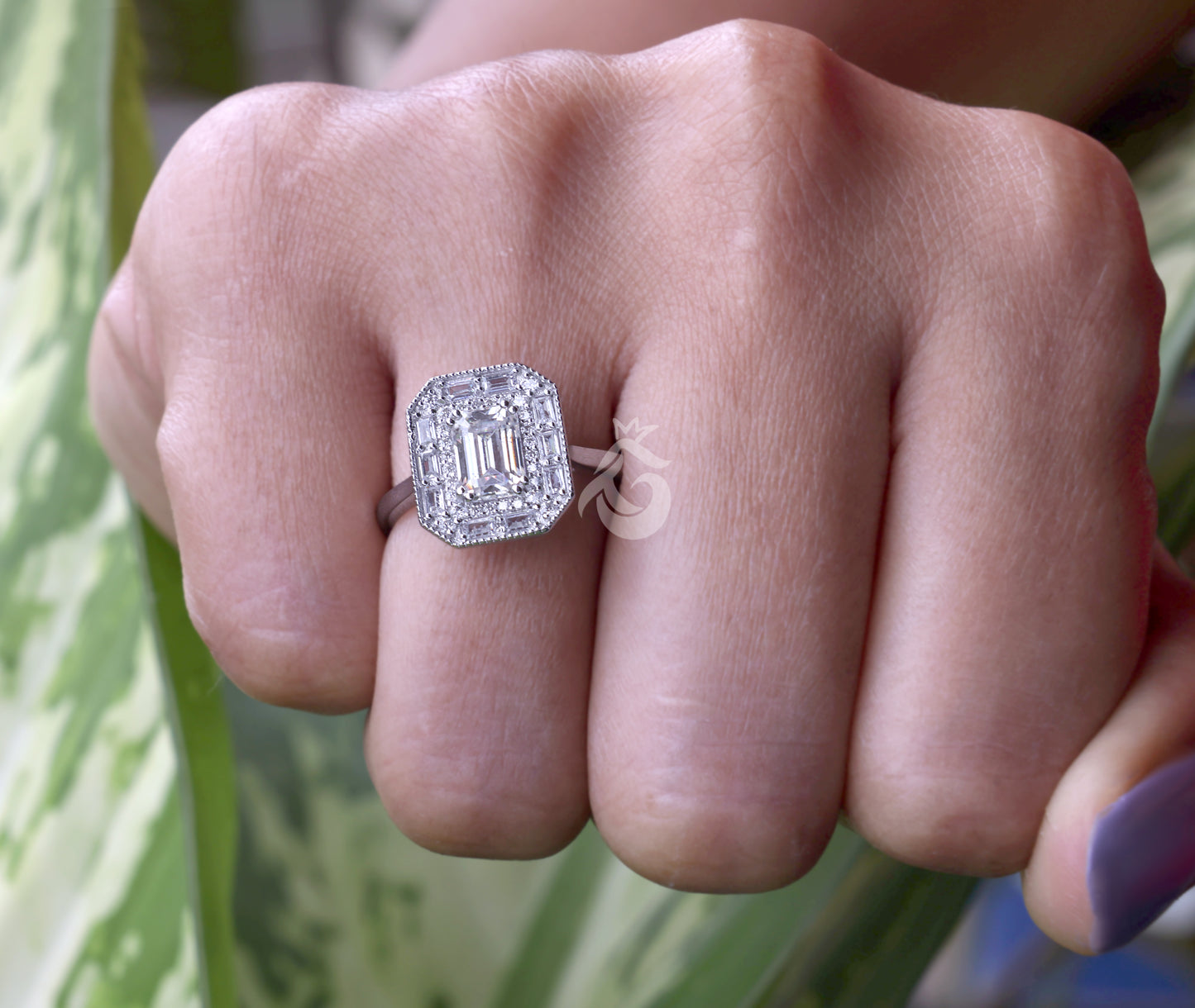 Emerald Cut Moissanite Engagement Ring – 10K White Gold Baguette Side Stone Halo Ring