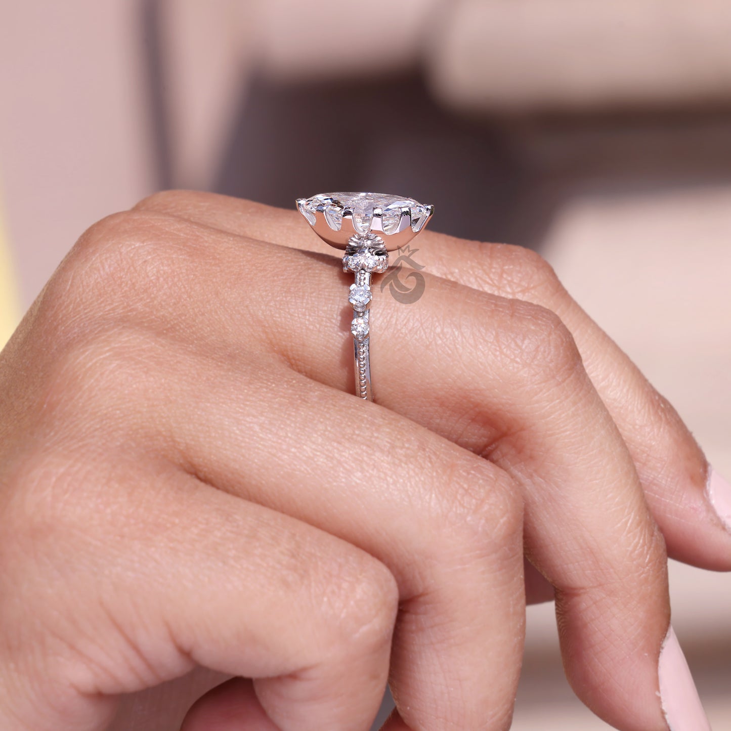 Marquise Lab Grown Diamond Engagement Ring, Vintage Hidden Halo Design