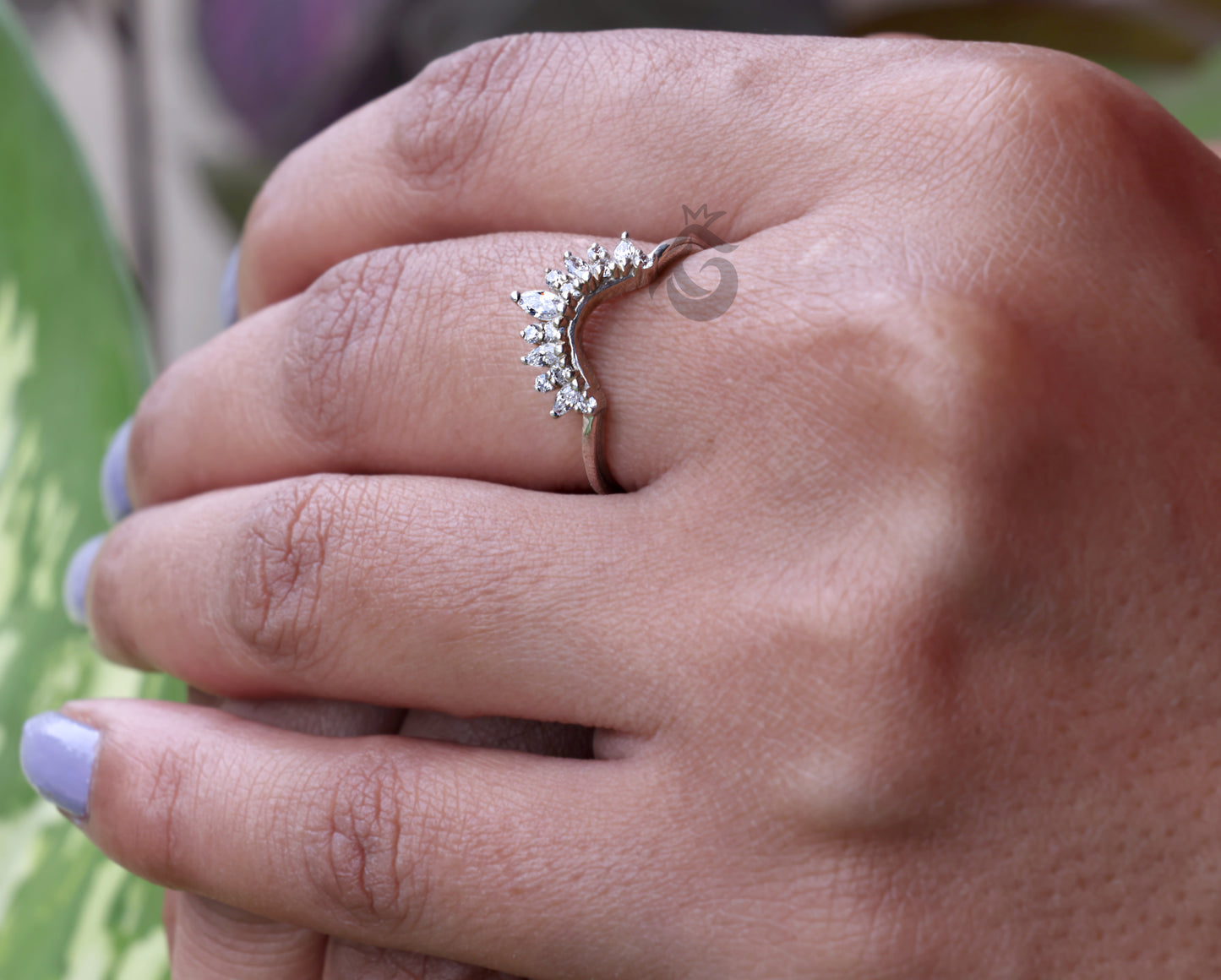 Curved 0.26 TCW Round & Marquise Moissanite Wedding Band – Half Eternity Stacking Ring
