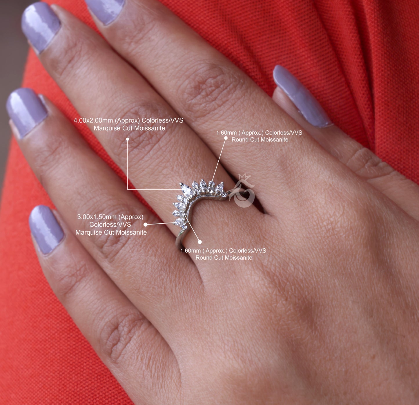 Curved 0.26 TCW Round & Marquise Moissanite Wedding Band – Half Eternity Stacking Ring