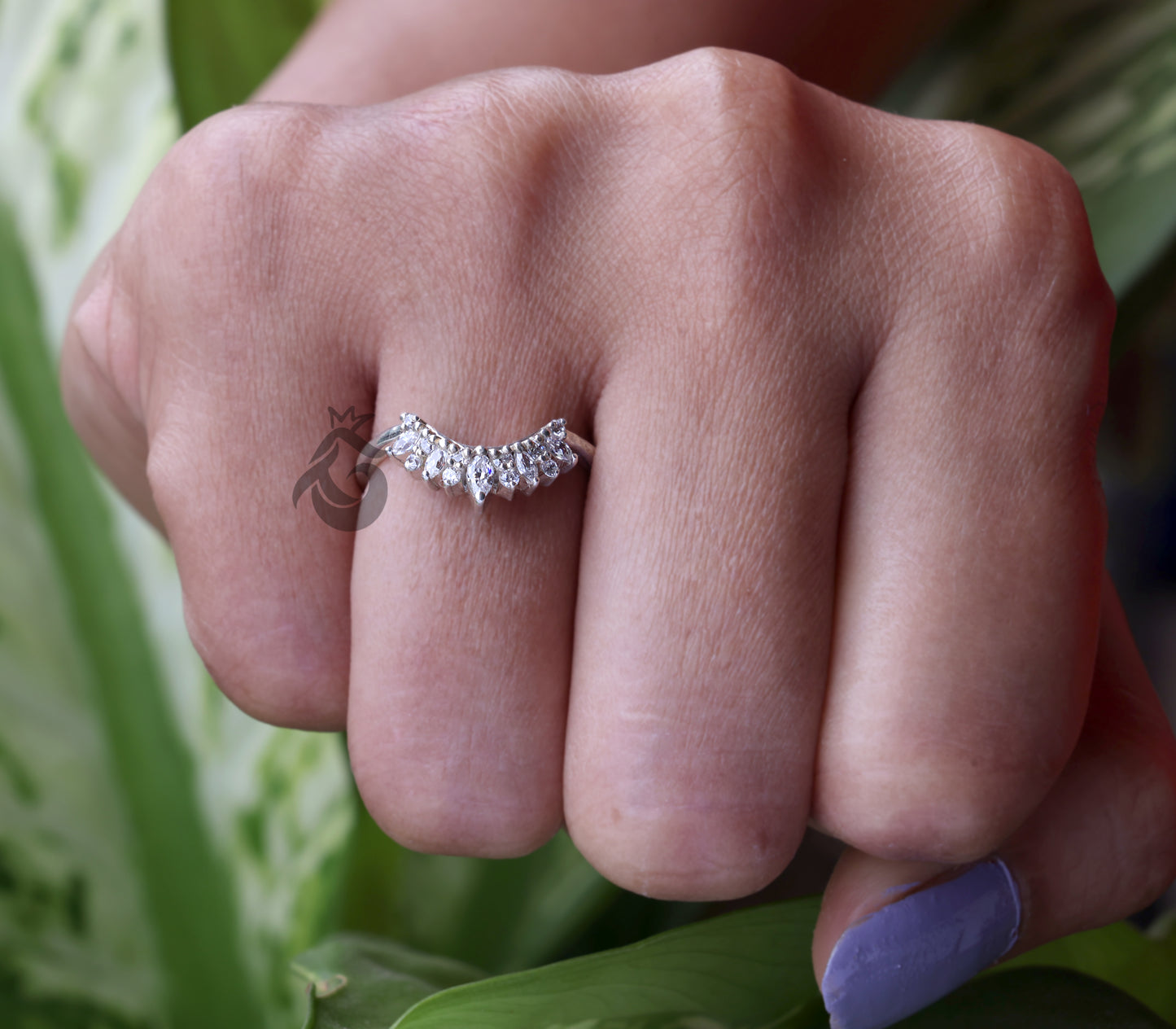 Curved 0.26 TCW Round & Marquise Moissanite Wedding Band – Half Eternity Stacking Ring