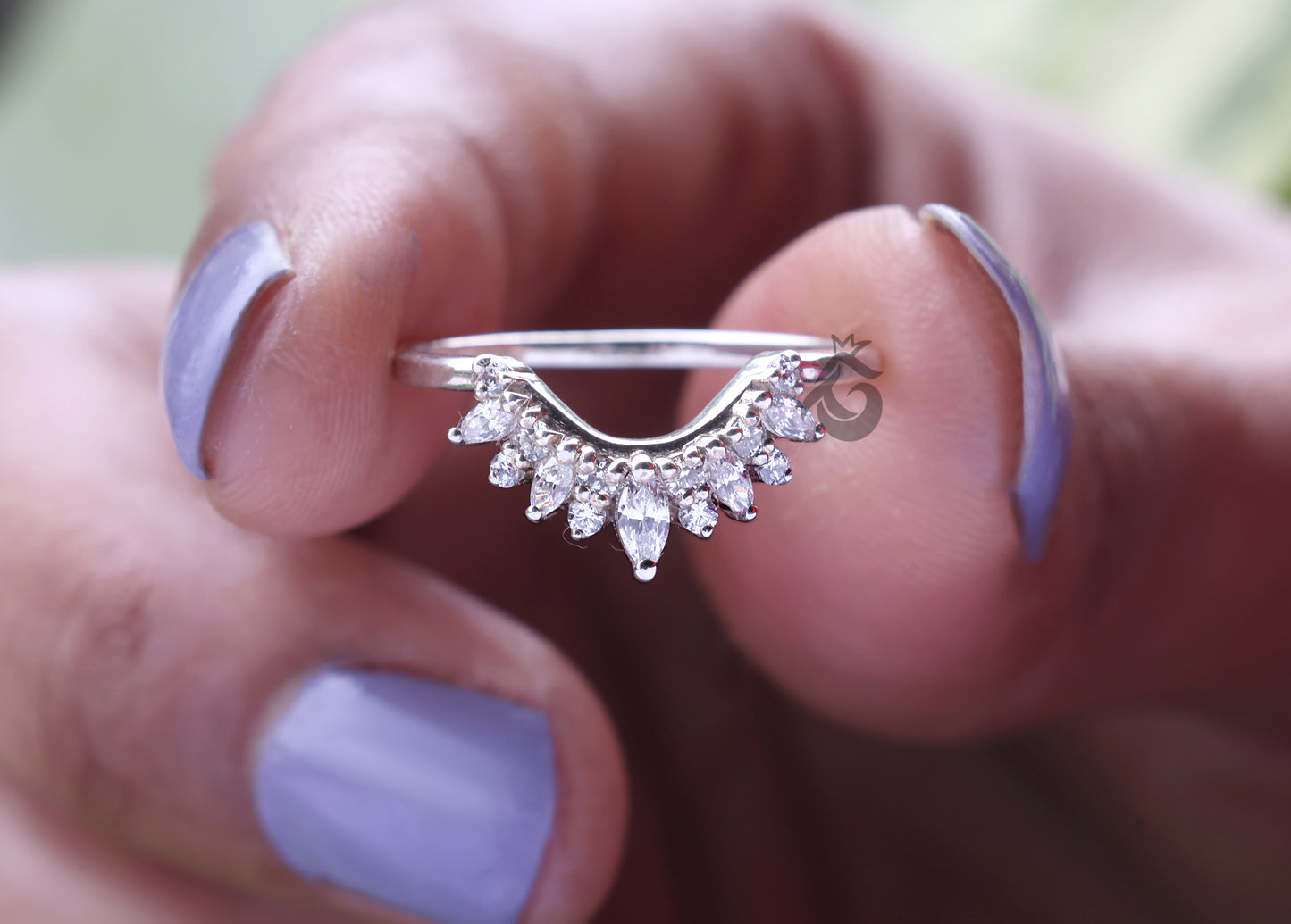 Curved 0.26 TCW Round & Marquise Moissanite Wedding Band – Half Eternity Stacking Ring