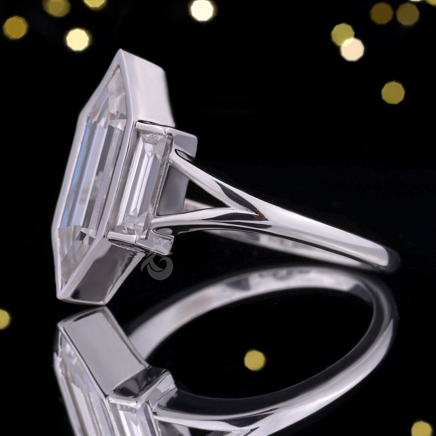 Long Hexagon Cut Moissanite Ring – 14K Gold Bezel Set Three-Stone Split Shank Wedding Ring