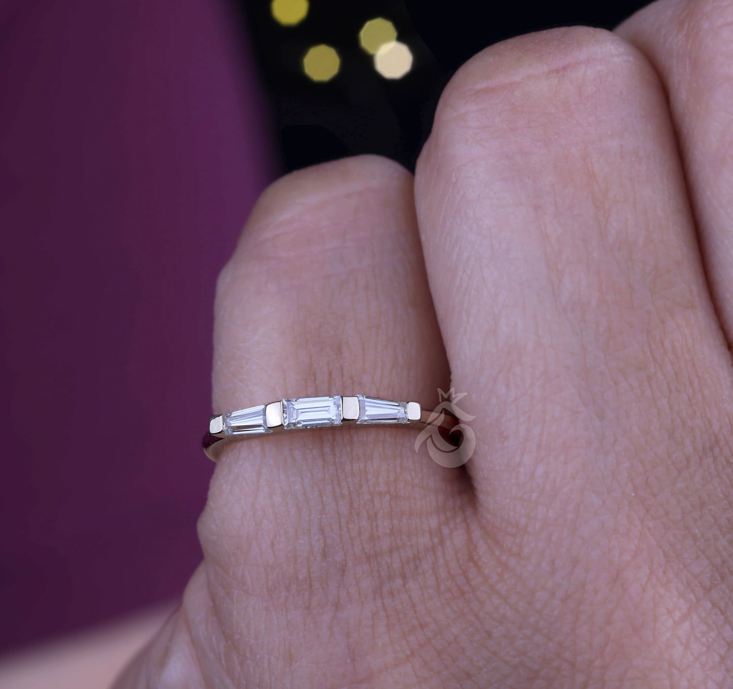 Three Stone Wedding Band, 0.33 TW Baguette Moissanite, Matching Baguette Band, Engagement Ring