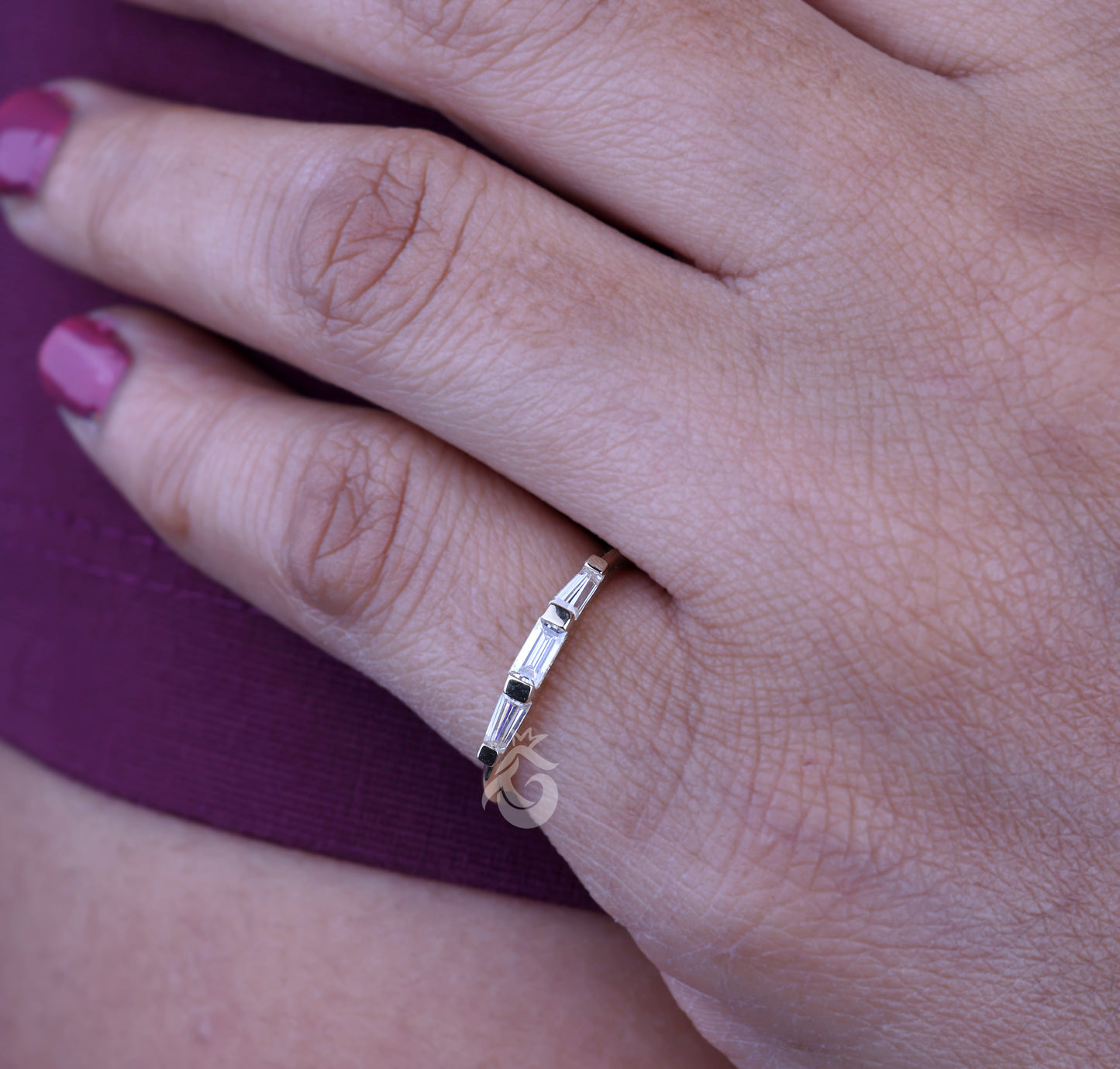 Three Stone Wedding Band, 0.33 TW Baguette Moissanite, Matching Baguette Band, Engagement Ring