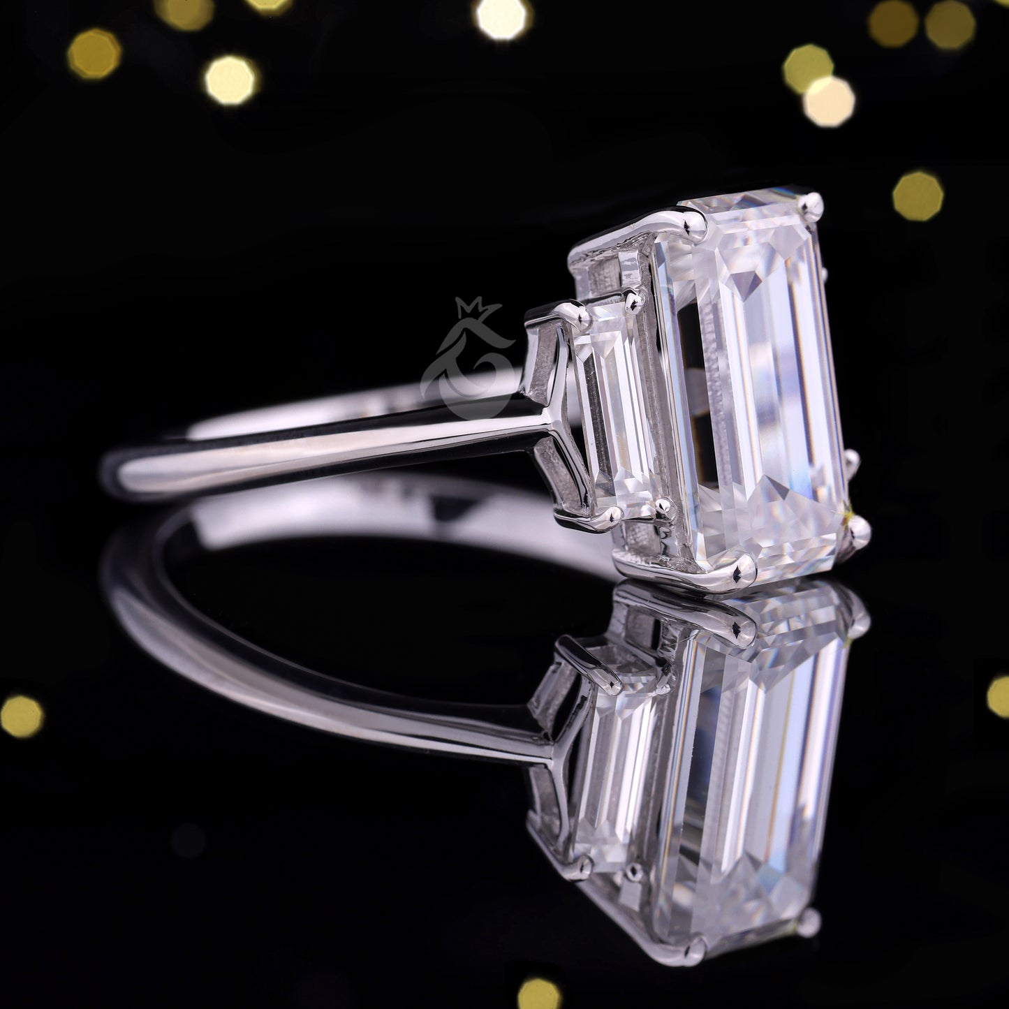 Emerald Cut Three-Stone Moissanite Ring – 14K Gold Baguette Side Stone Engagement & Wedding Ring