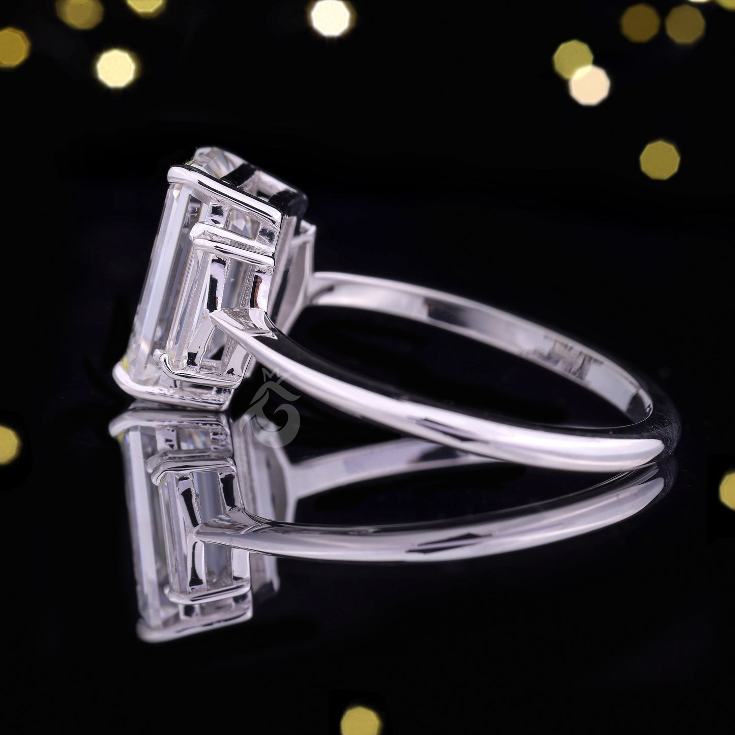 Emerald Cut Three-Stone Moissanite Ring – 14K Gold Baguette Side Stone Engagement & Wedding Ring