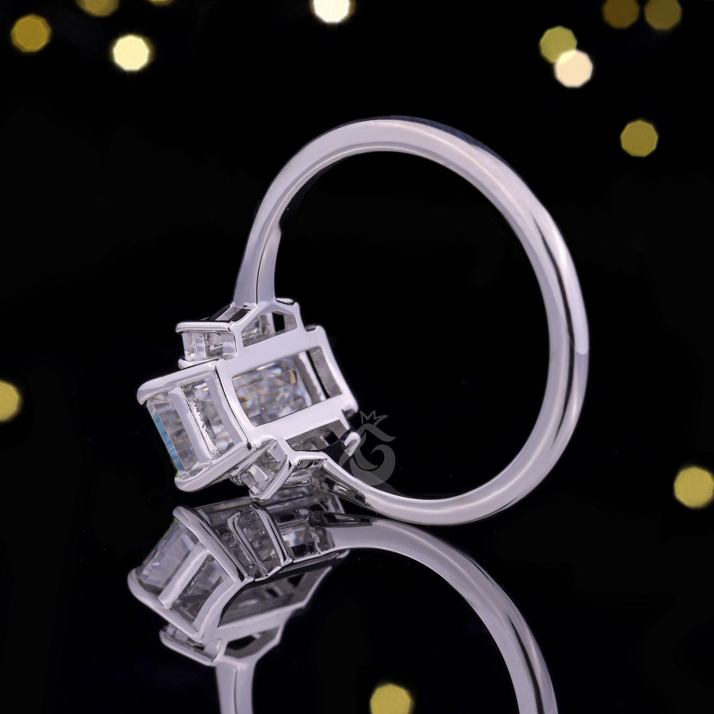 Emerald Cut Three-Stone Moissanite Ring – 14K Gold Baguette Side Stone Engagement & Wedding Ring