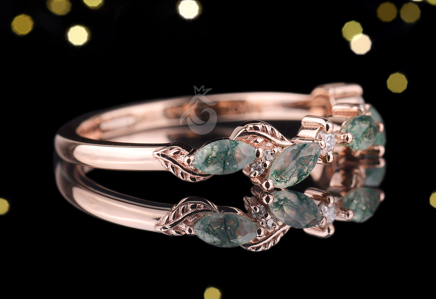 Marquise Cut Moss Agate Wedding Band, 10K Rose Gold Leaf Ring, Round Moissanite Dainty Promise Anniversary Band