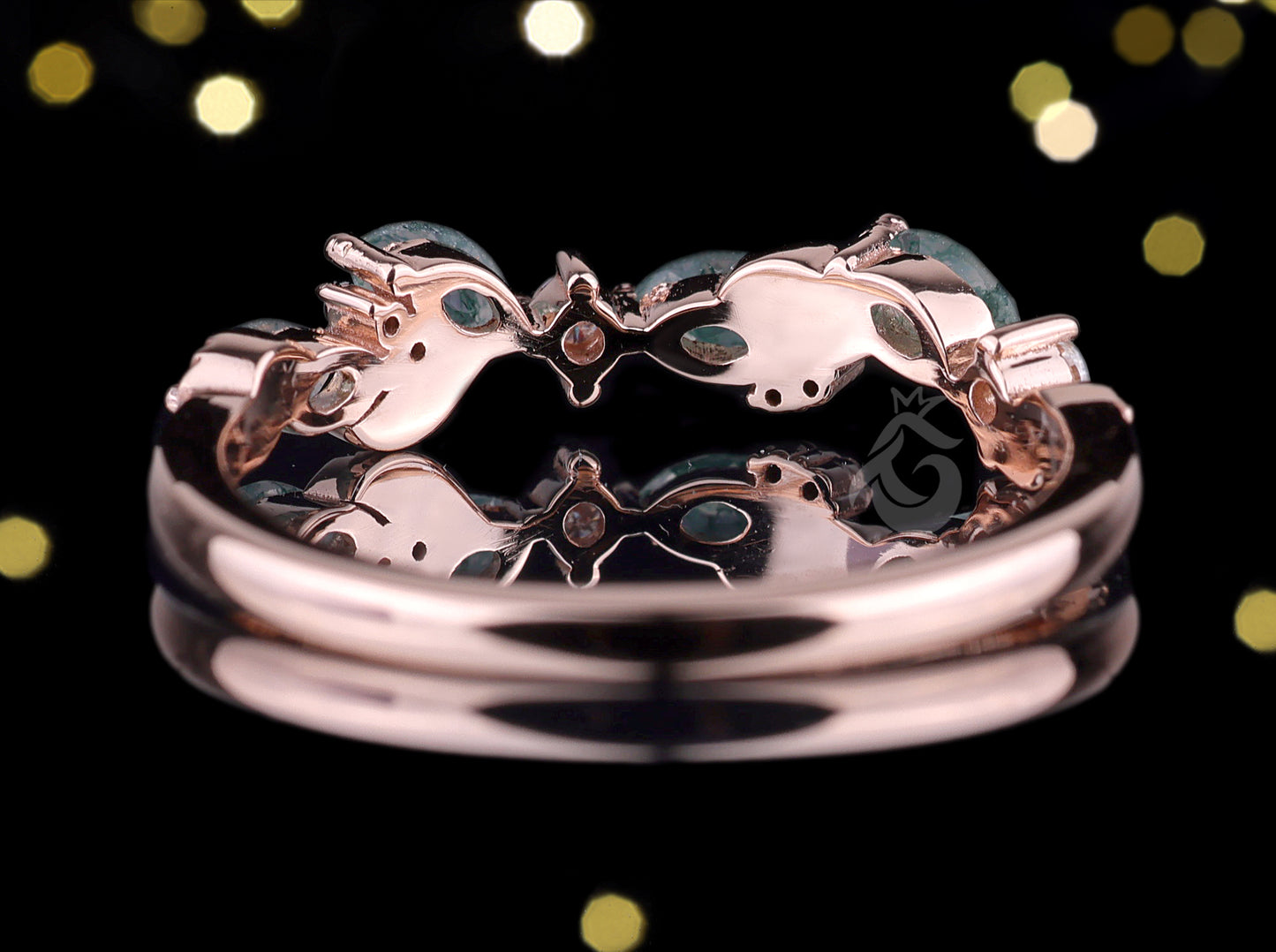 Marquise Cut Moss Agate Wedding Band, 10K Rose Gold Leaf Ring, Round Moissanite Dainty Promise Anniversary Band