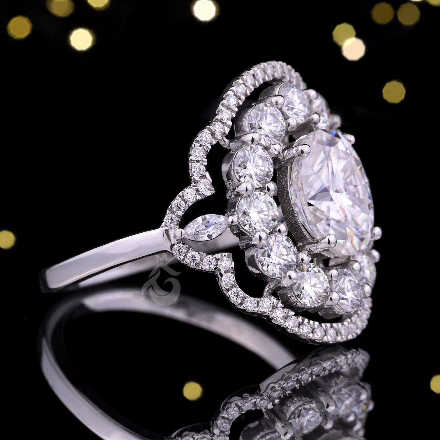 Oval Halo Moissanite Engagement Ring – 14K Gold Marquise Side Stone Bridal Ring