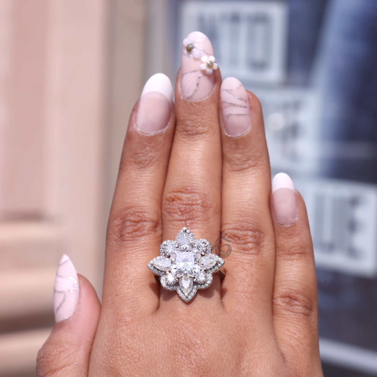 3.30 TCW Flower Cut Moissanite Ring, Pear Halo, Vintage Style