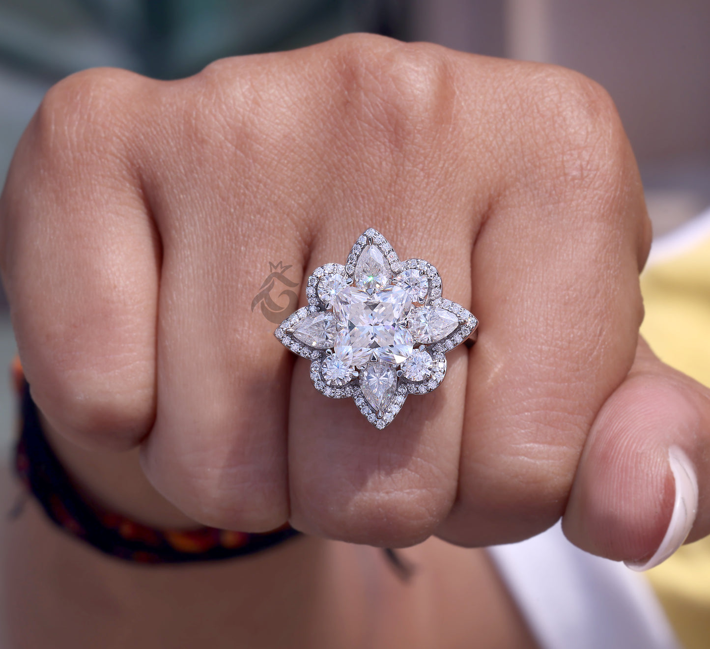 3.30 TCW Flower Cut Moissanite Ring, Pear Halo, Vintage Style