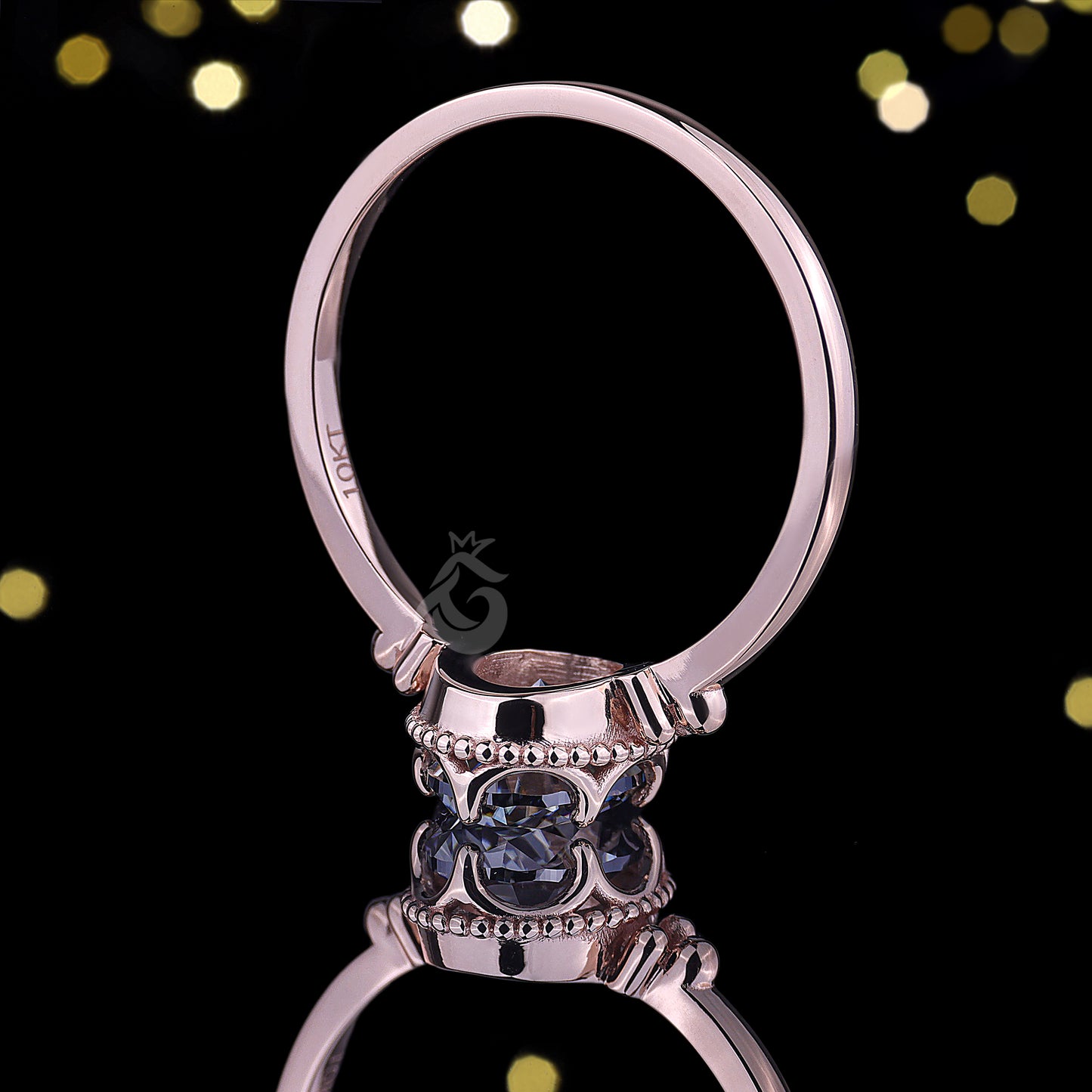 Antique Oval Gray Moissanite Ring – 14K Rose Gold Mil grain Bezel Set Solitaire Engagement Ring