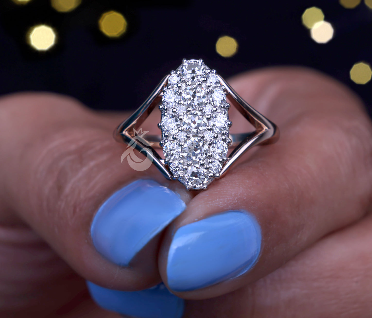 Celebrity Style Victorian Wedding Ring, 1.15 TCW OEC Moissanite Oval Cluster Ring, Two-Tone Anniversary Ring