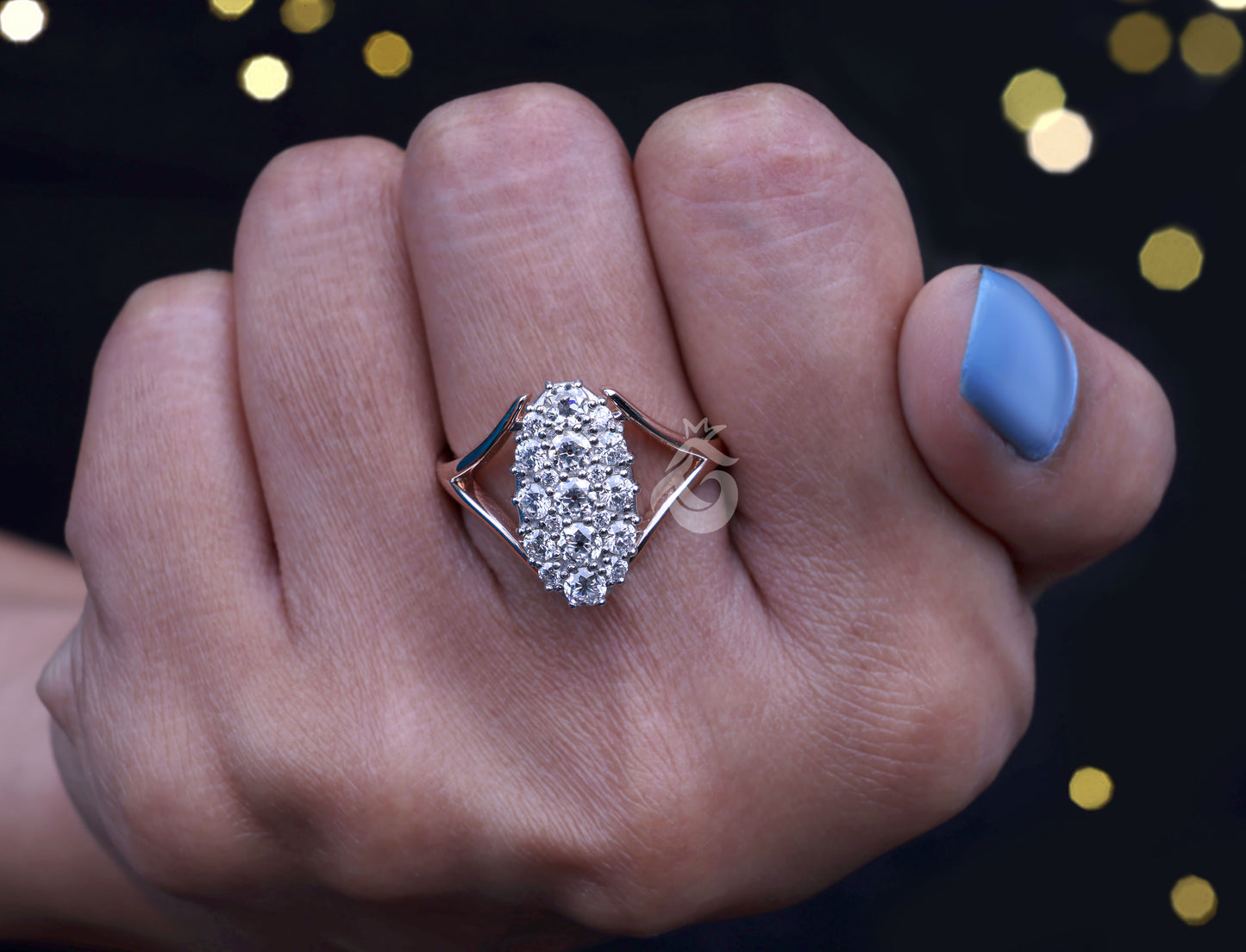 Celebrity Style Victorian Wedding Ring, 1.15 TCW OEC Moissanite Oval Cluster Ring, Two-Tone Anniversary Ring