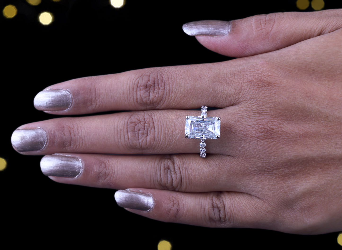 14K White Gold Radiant & Round Cut Moissanite Engagement Ring, 8.54 TCW Hidden Halo Solitaire Wedding Ring, Anniversary Gift