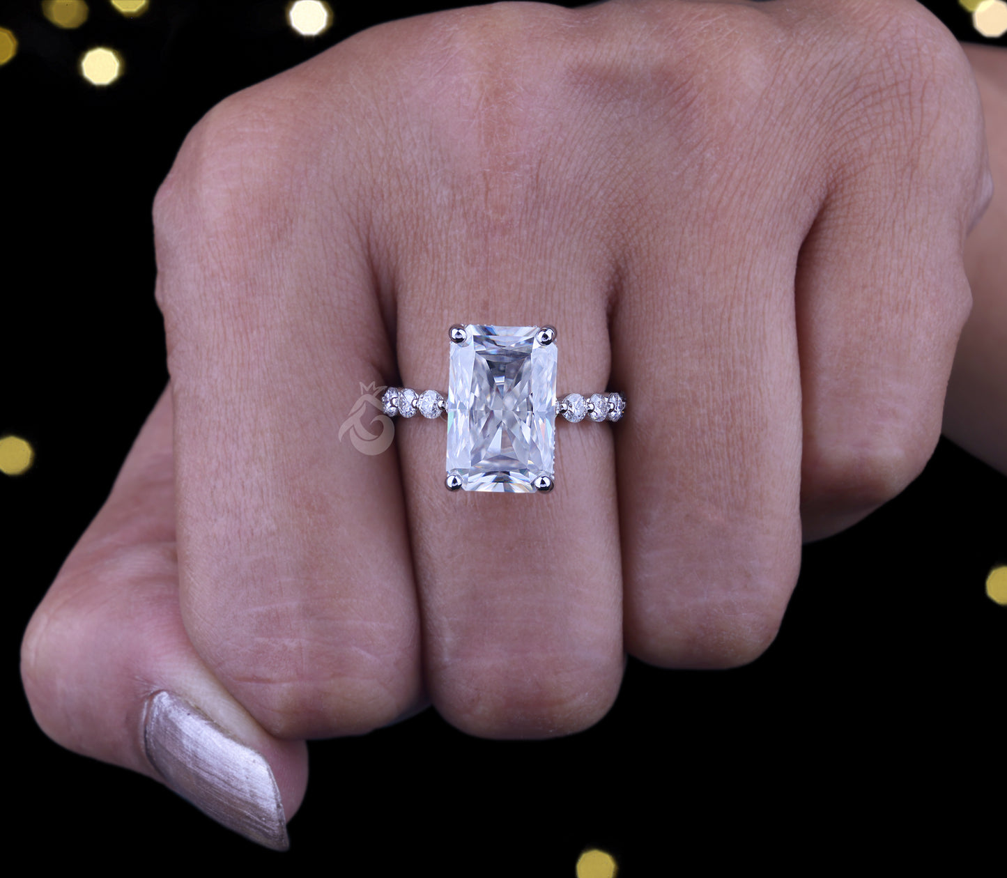 14K White Gold Radiant & Round Cut Moissanite Engagement Ring, 8.54 TCW Hidden Halo Solitaire Wedding Ring, Anniversary Gift