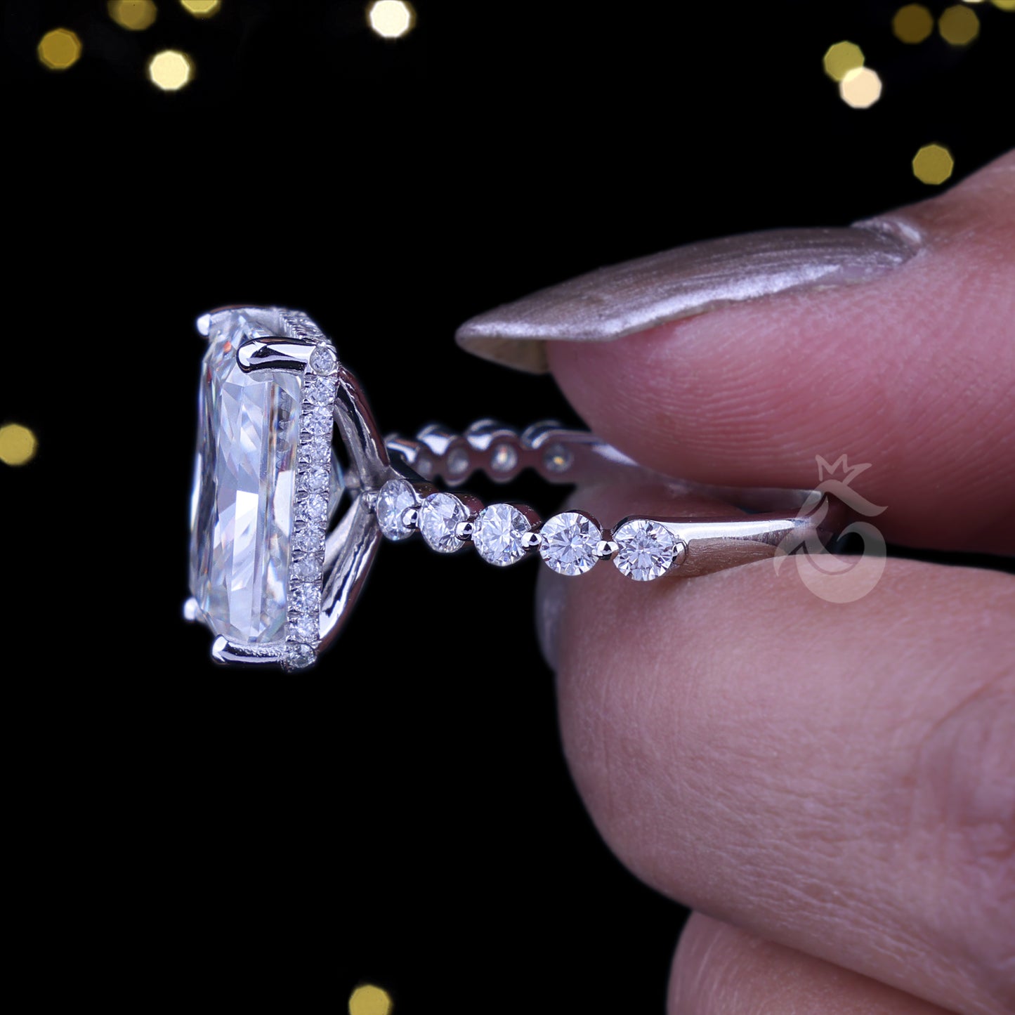 14K White Gold Radiant & Round Cut Moissanite Engagement Ring, 8.54 TCW Hidden Halo Solitaire Wedding Ring, Anniversary Gift