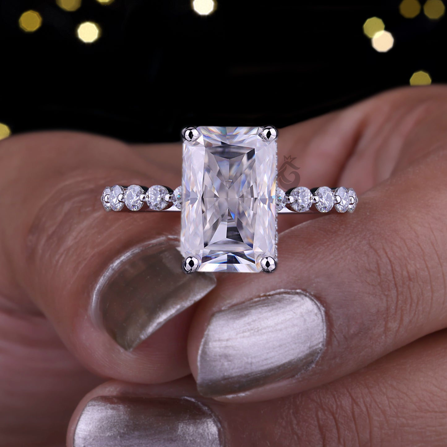 14K White Gold Radiant & Round Cut Moissanite Engagement Ring, 8.54 TCW Hidden Halo Solitaire Wedding Ring, Anniversary Gift