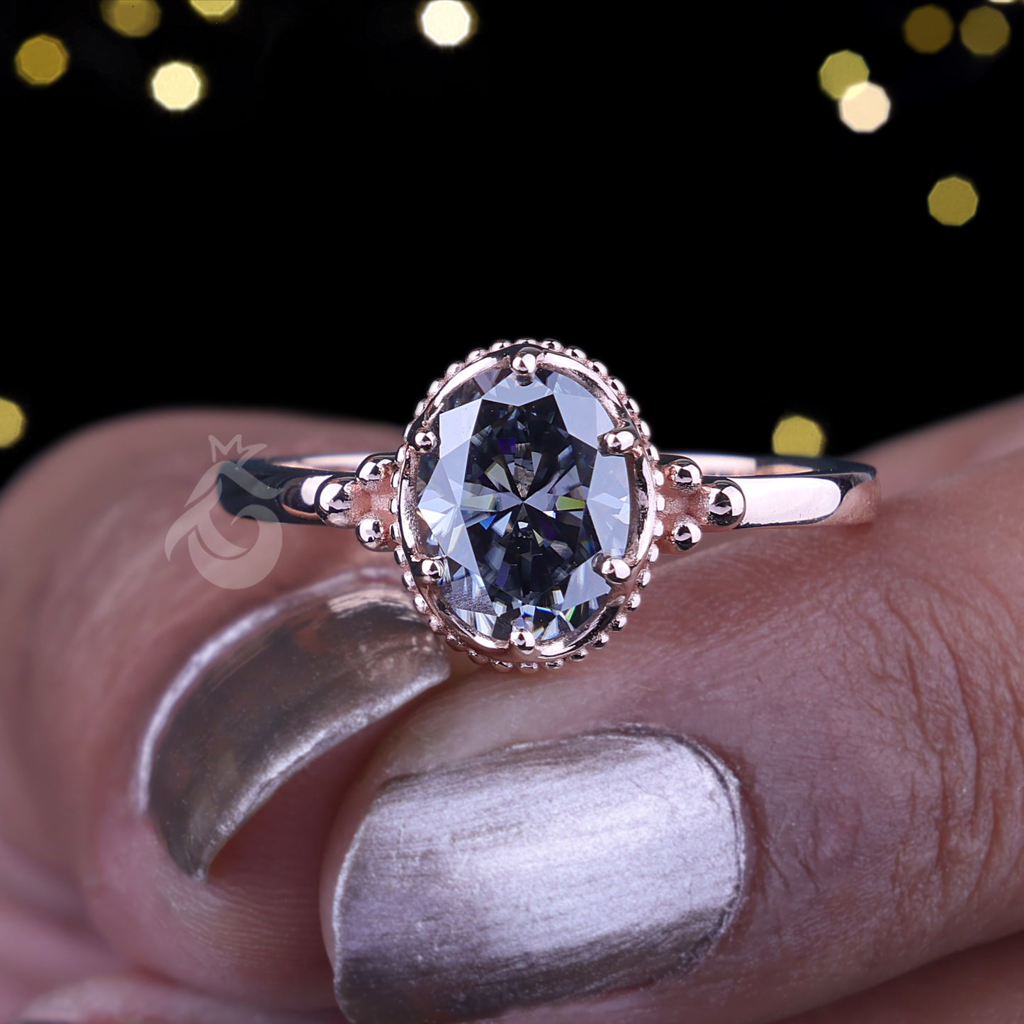 Antique Oval Gray Moissanite Ring – 14K Rose Gold Mil grain Bezel Set Solitaire Engagement Ring