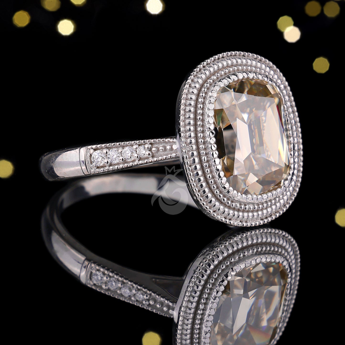 Canary Yellow Cushion Moissanite Engagement Ring, Mil grain Vintage 1920s Style