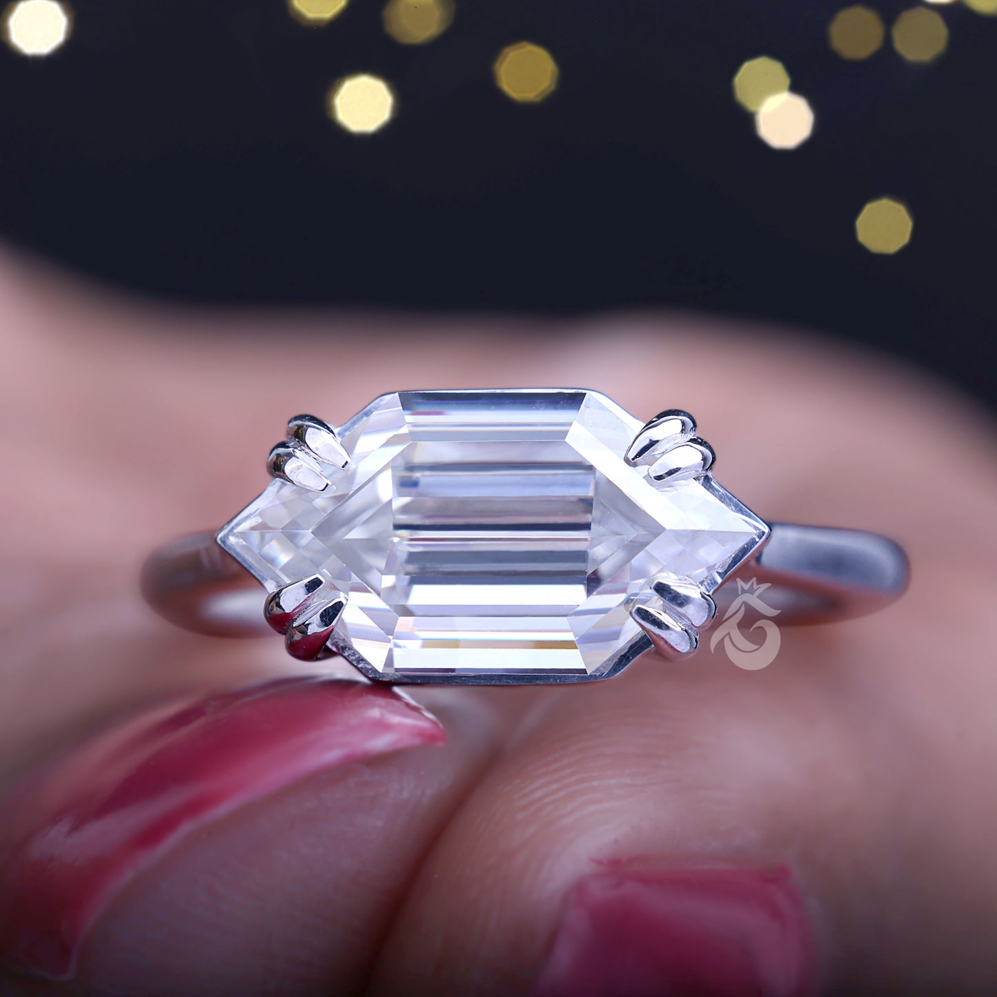 Vintage Hexagon Moissanite Engagement Ring, 14K East-West Solitaire Ring, Unique Wedding Band