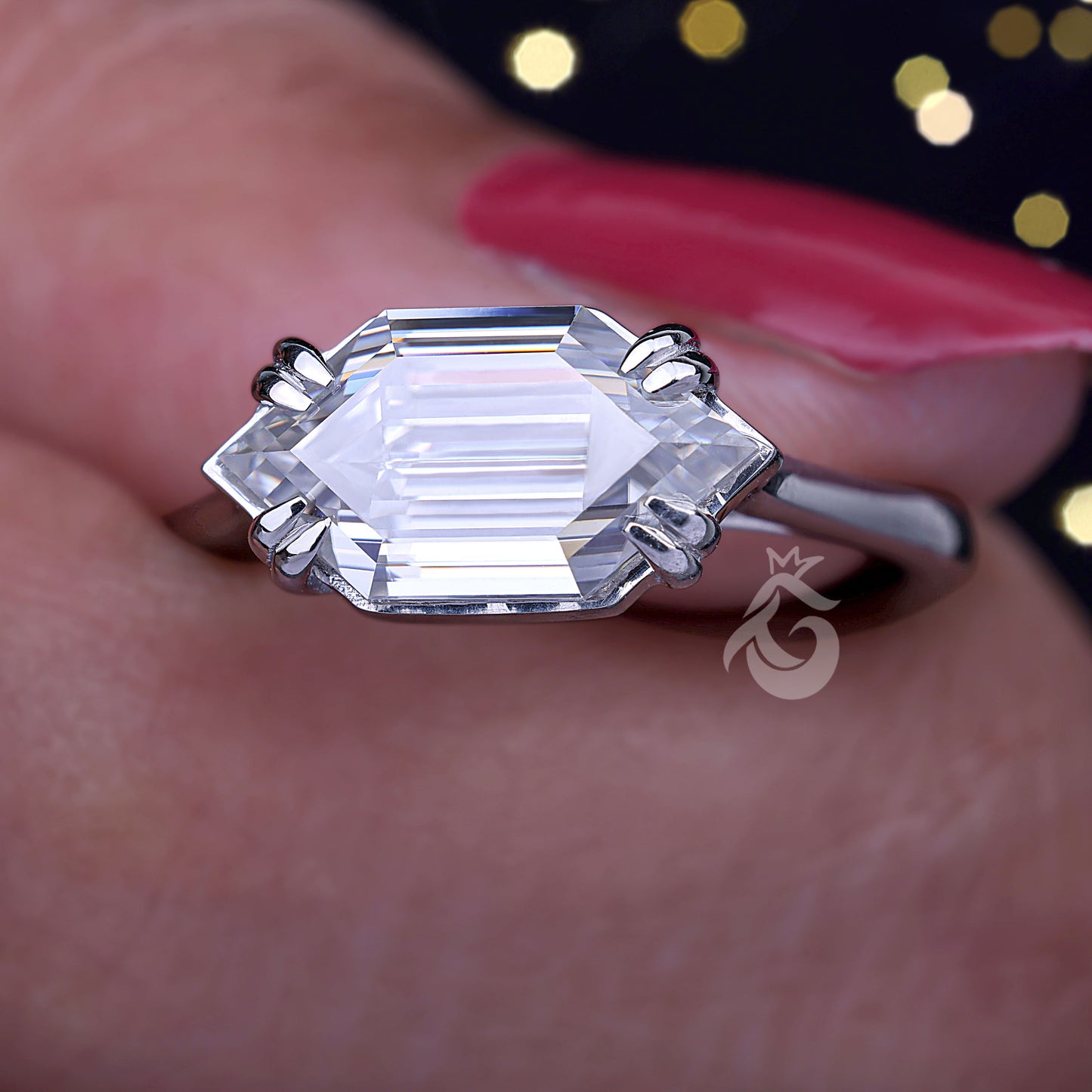 Vintage Hexagon Moissanite Engagement Ring, 14K East-West Solitaire Ring, Unique Wedding Band