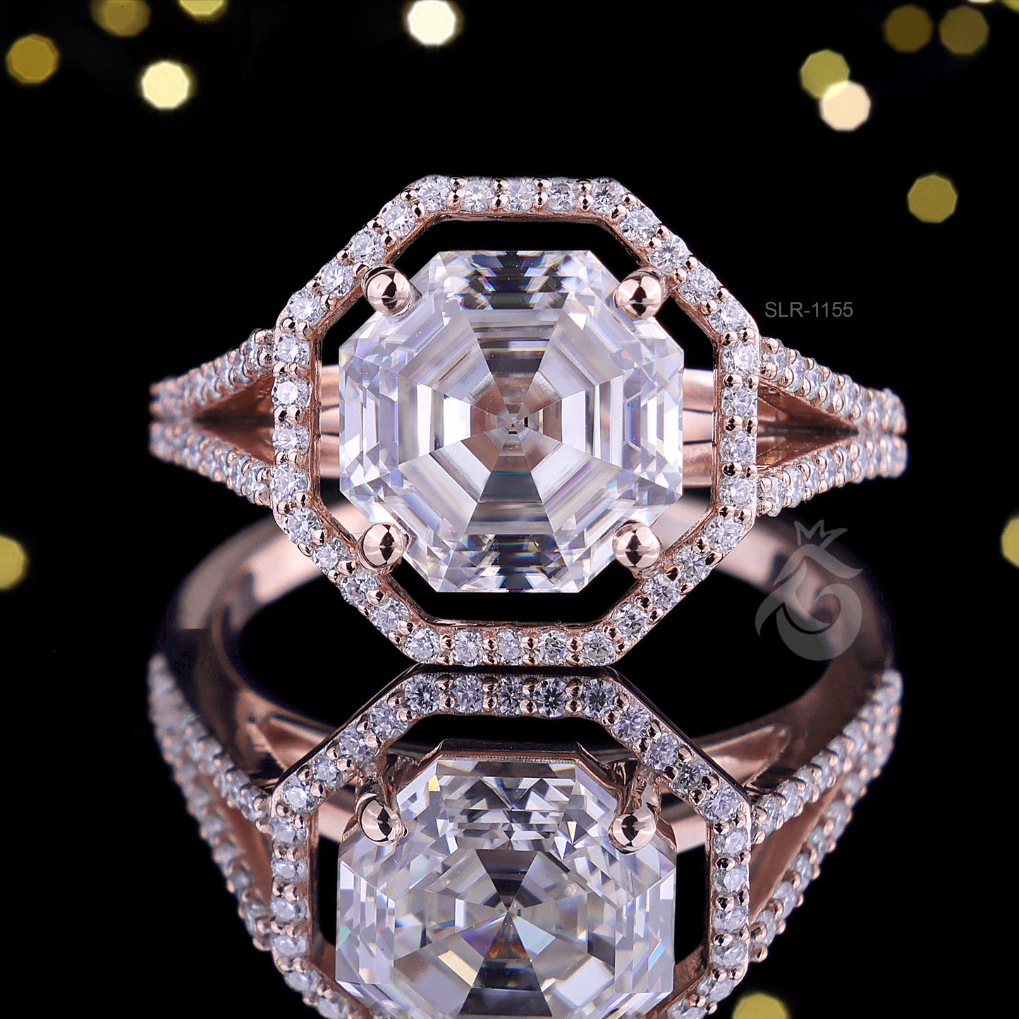 Hexagon Moissanite Halo Engagement Ring, Split Shank, 14K Rose Gold