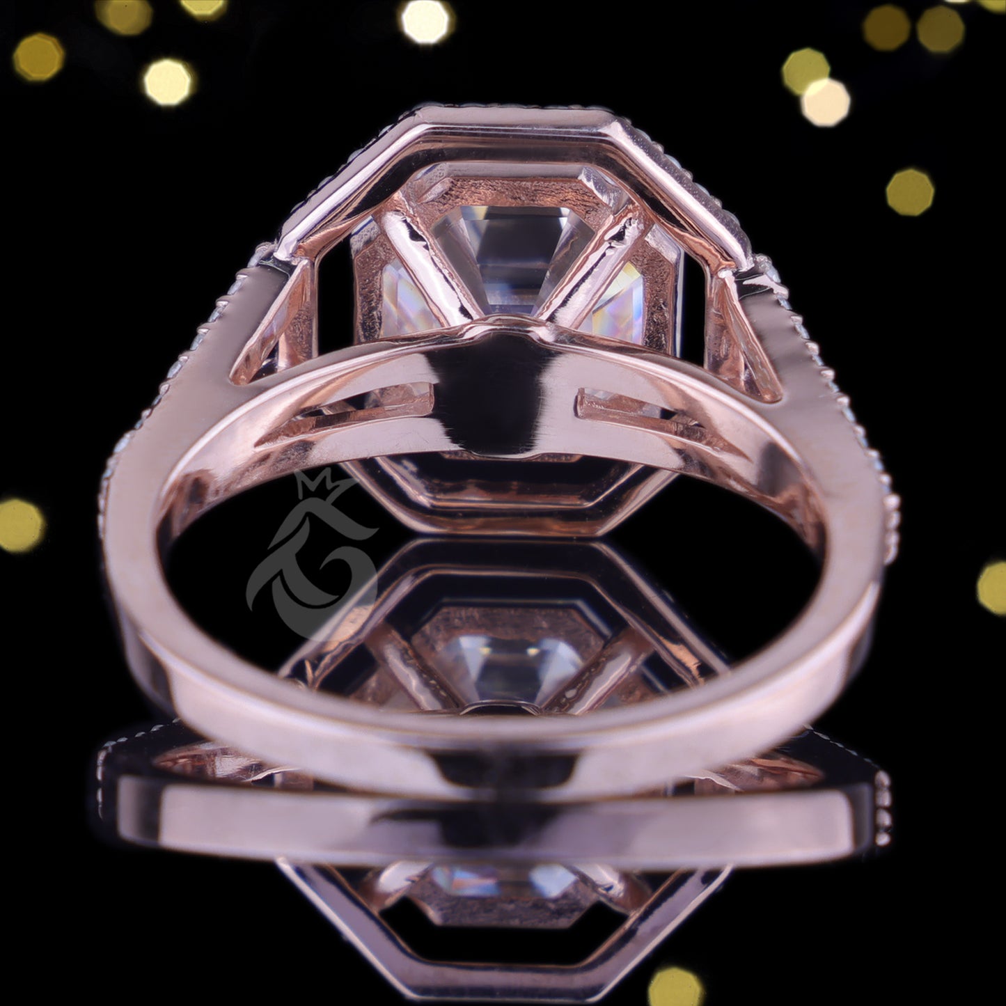 Hexagon Moissanite Halo Engagement Ring, Split Shank, 14K Rose Gold
