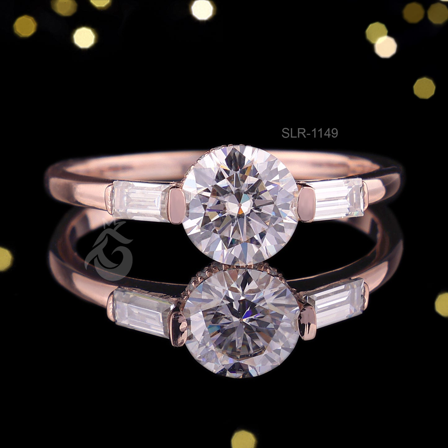 Round Moissanite 3-Stone Engagement Ring, Baguette Solitaire, 14K Rose Gold