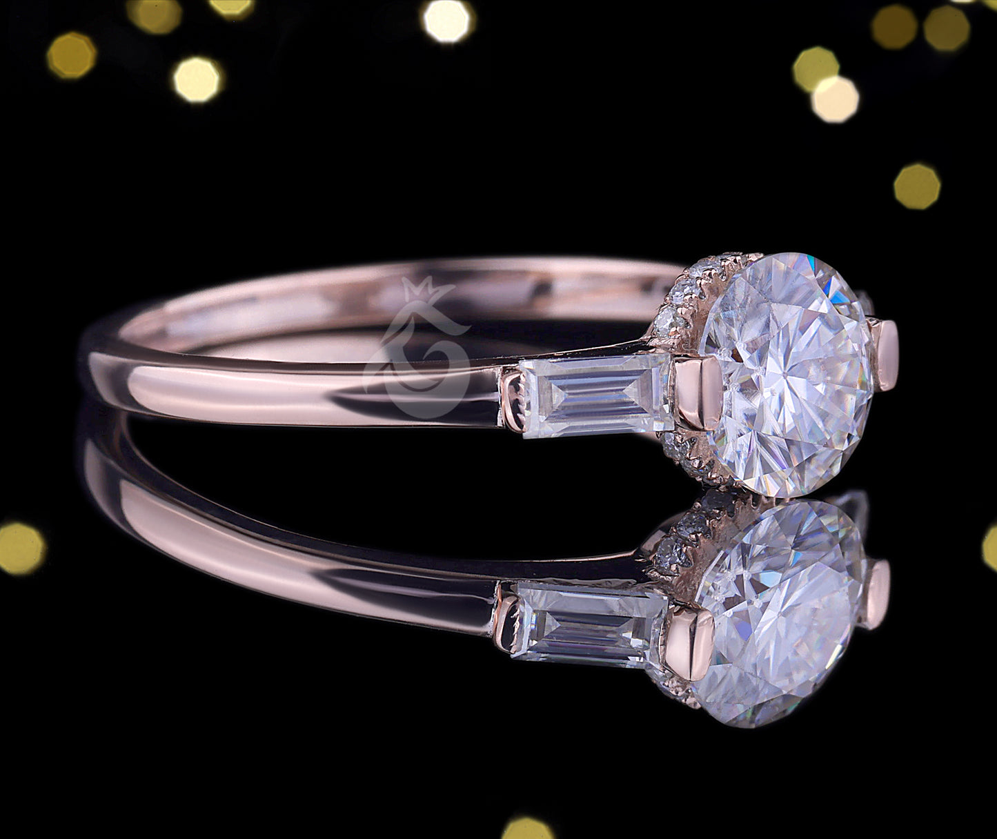 Round Moissanite 3-Stone Engagement Ring, Baguette Solitaire, 14K Rose Gold