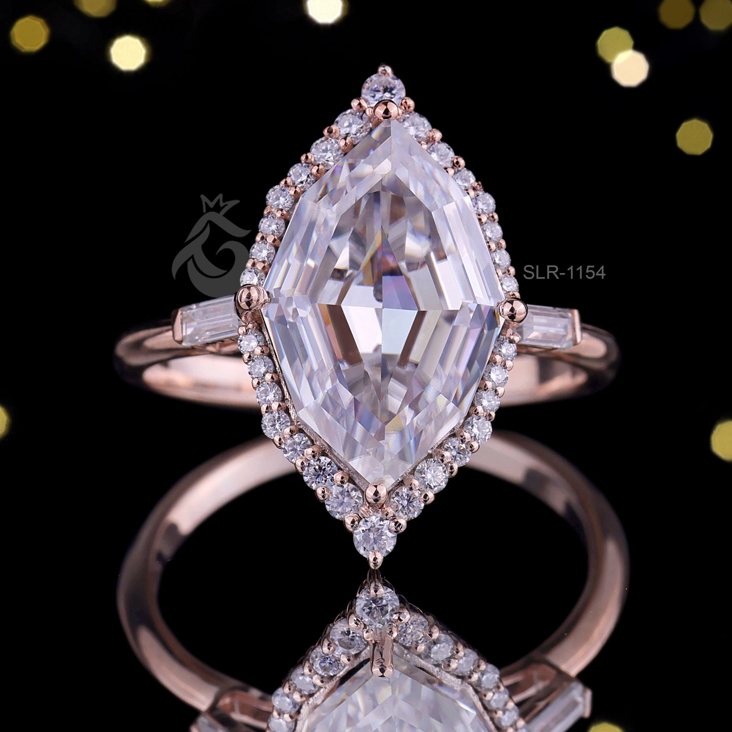 Dutch Marquise Moissanite Halo Engagement Ring, Baguette Side Stones, 14K Rose Gold