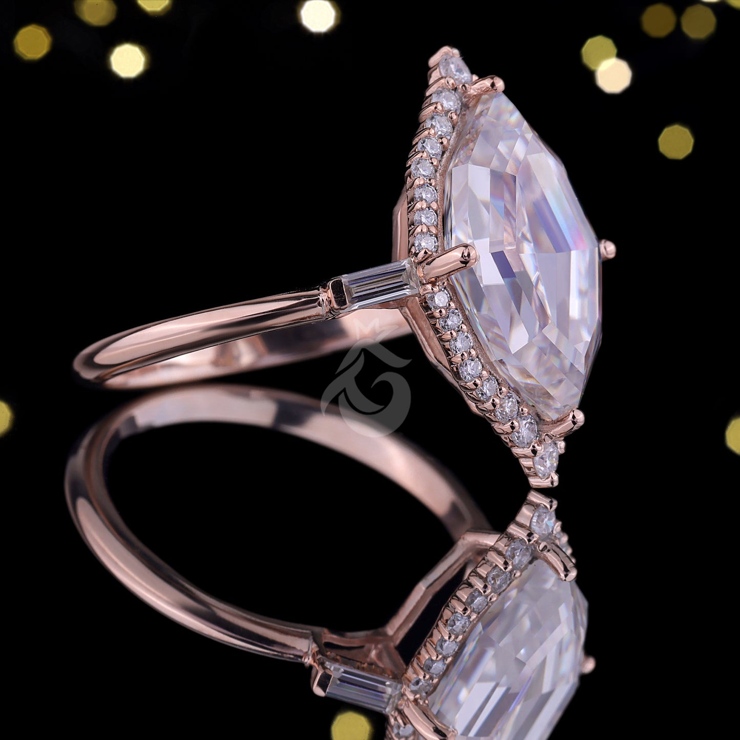 Dutch Marquise Moissanite Halo Engagement Ring, Baguette Side Stones, 14K Rose Gold
