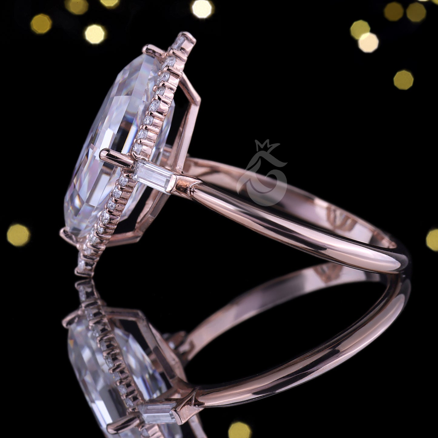 Dutch Marquise Moissanite Halo Engagement Ring, Baguette Side Stones, 14K Rose Gold