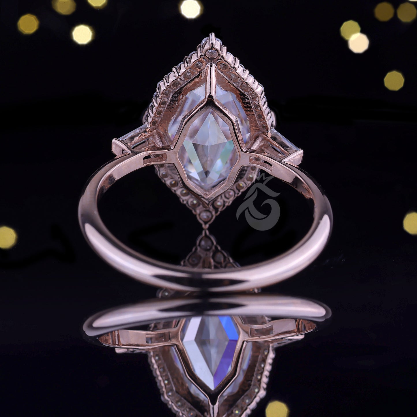 Dutch Marquise Moissanite Halo Engagement Ring, Baguette Side Stones, 14K Rose Gold