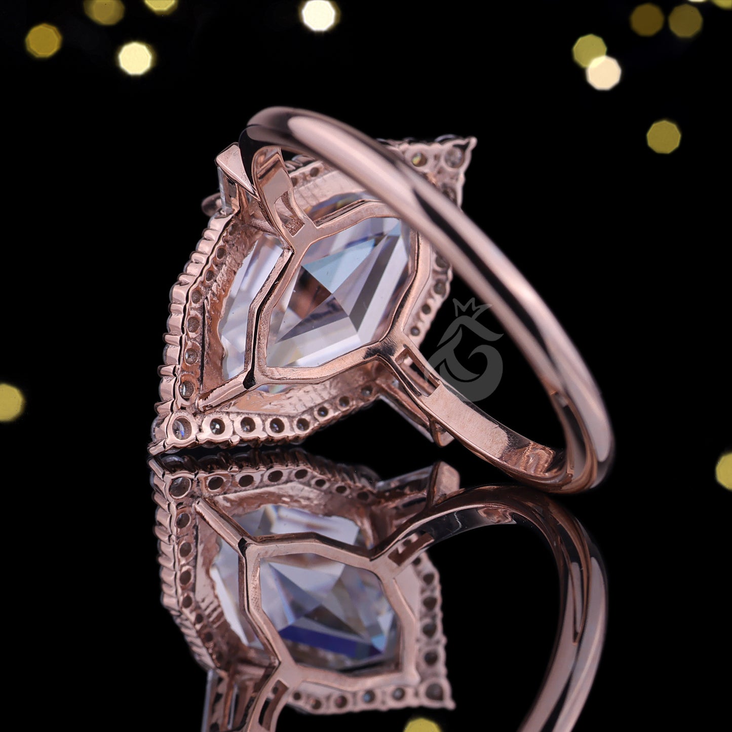 Dutch Marquise Moissanite Halo Engagement Ring, Baguette Side Stones, 14K Rose Gold