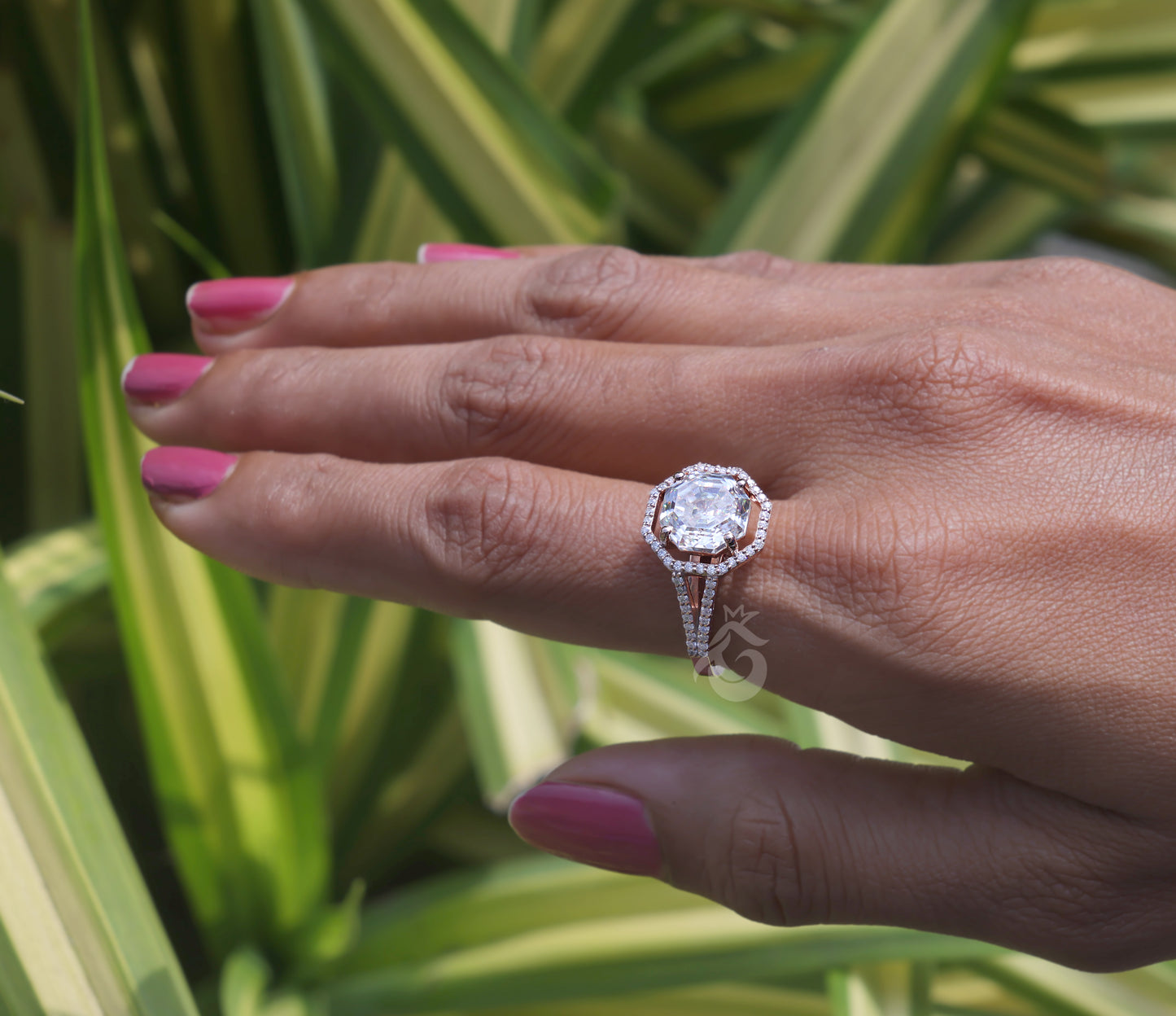 Hexagon Moissanite Halo Engagement Ring, Split Shank, 14K Rose Gold