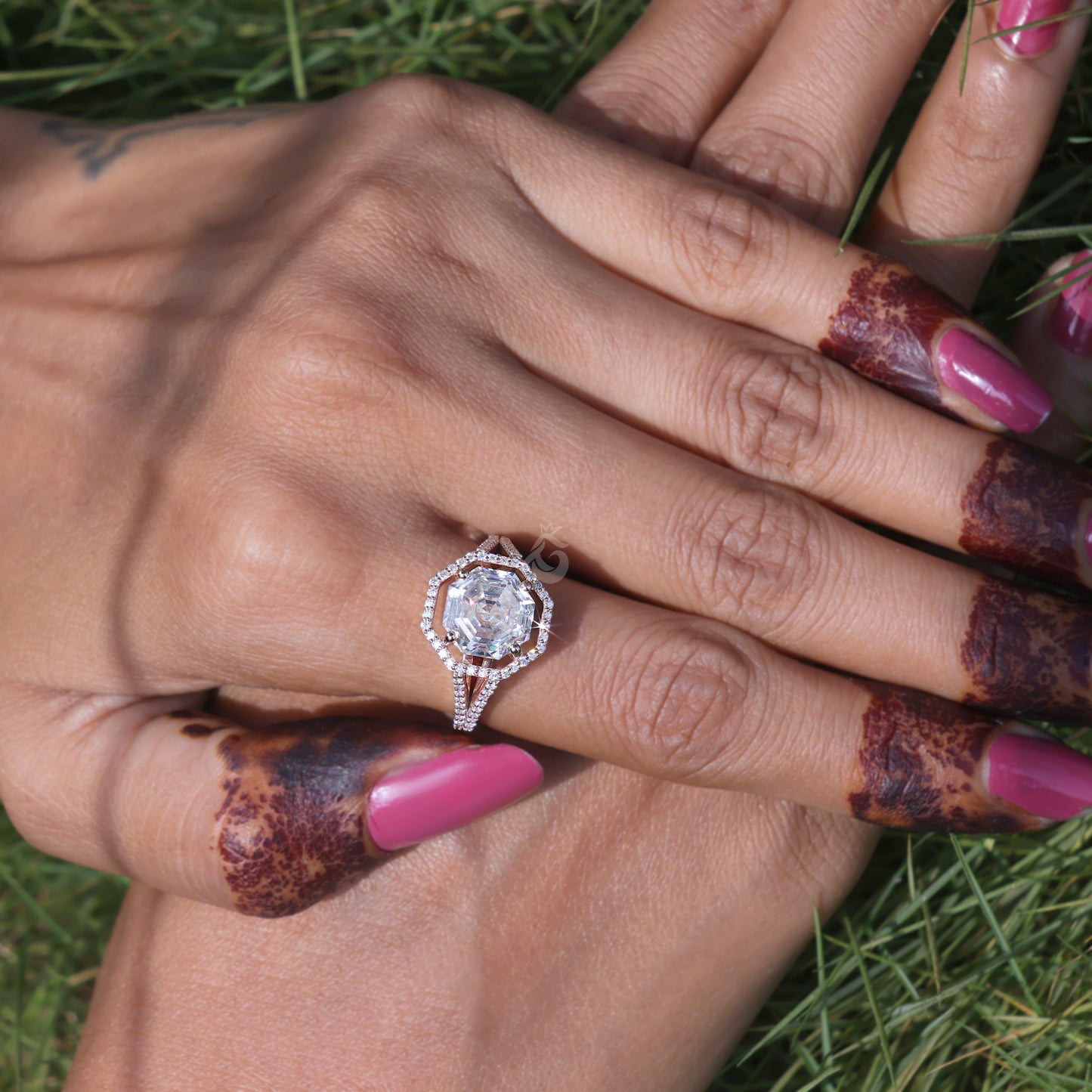 Hexagon Moissanite Halo Engagement Ring, Split Shank, 14K Rose Gold