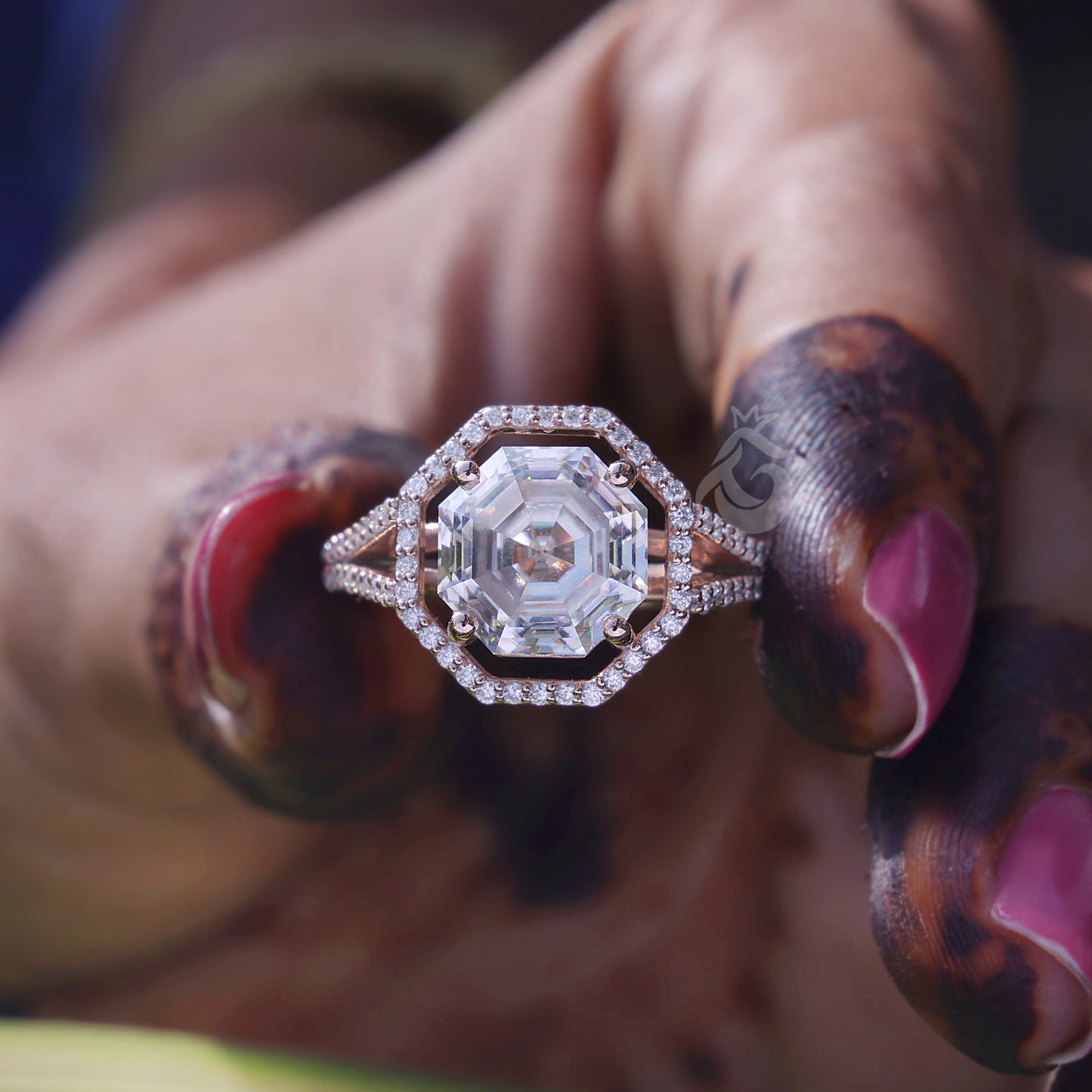 Hexagon Moissanite Halo Engagement Ring, Split Shank, 14K Rose Gold