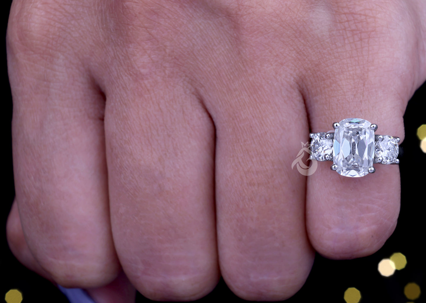 4.65TW Old Mine Elongated Cushion & Round Moissanite Ring – Vintage 14K Gold Three-Stone Engagement Ring