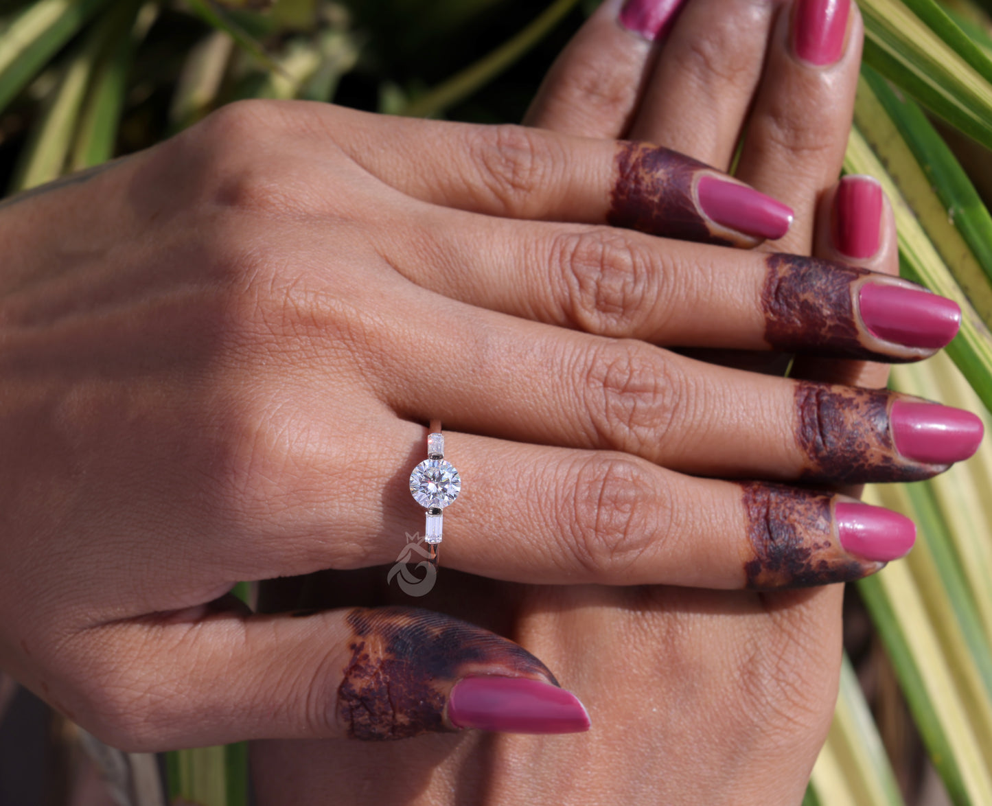 Round Moissanite 3-Stone Engagement Ring, Baguette Solitaire, 14K Rose Gold