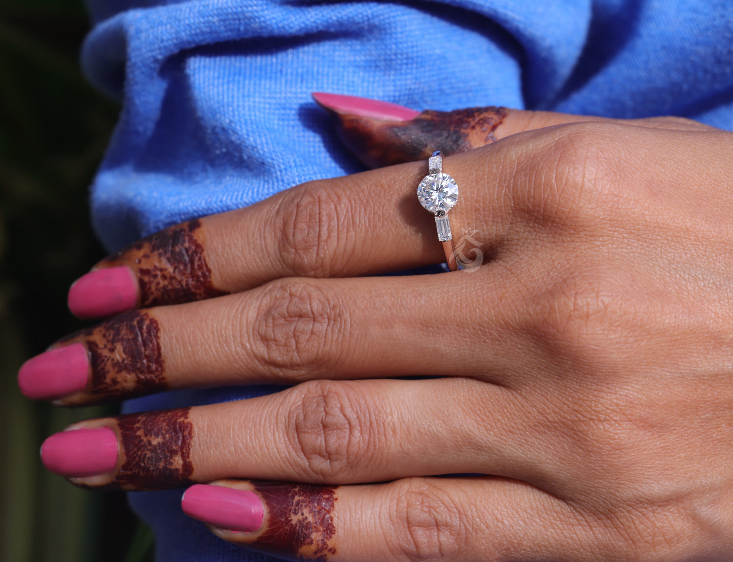 Round Moissanite 3-Stone Engagement Ring, Baguette Solitaire, 14K Rose Gold