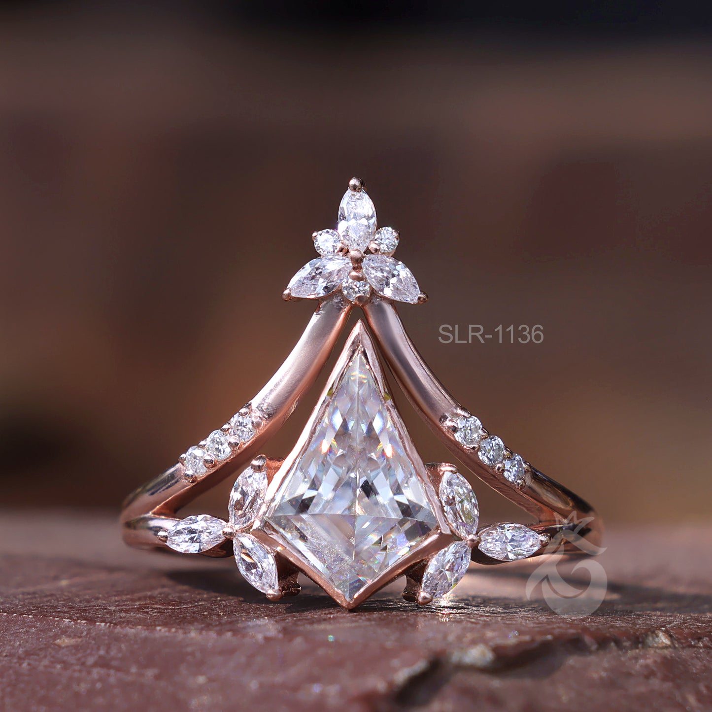 Kite Moissanite Bezel Engagement Ring Set, Marquise Curved 14k Rose Gold