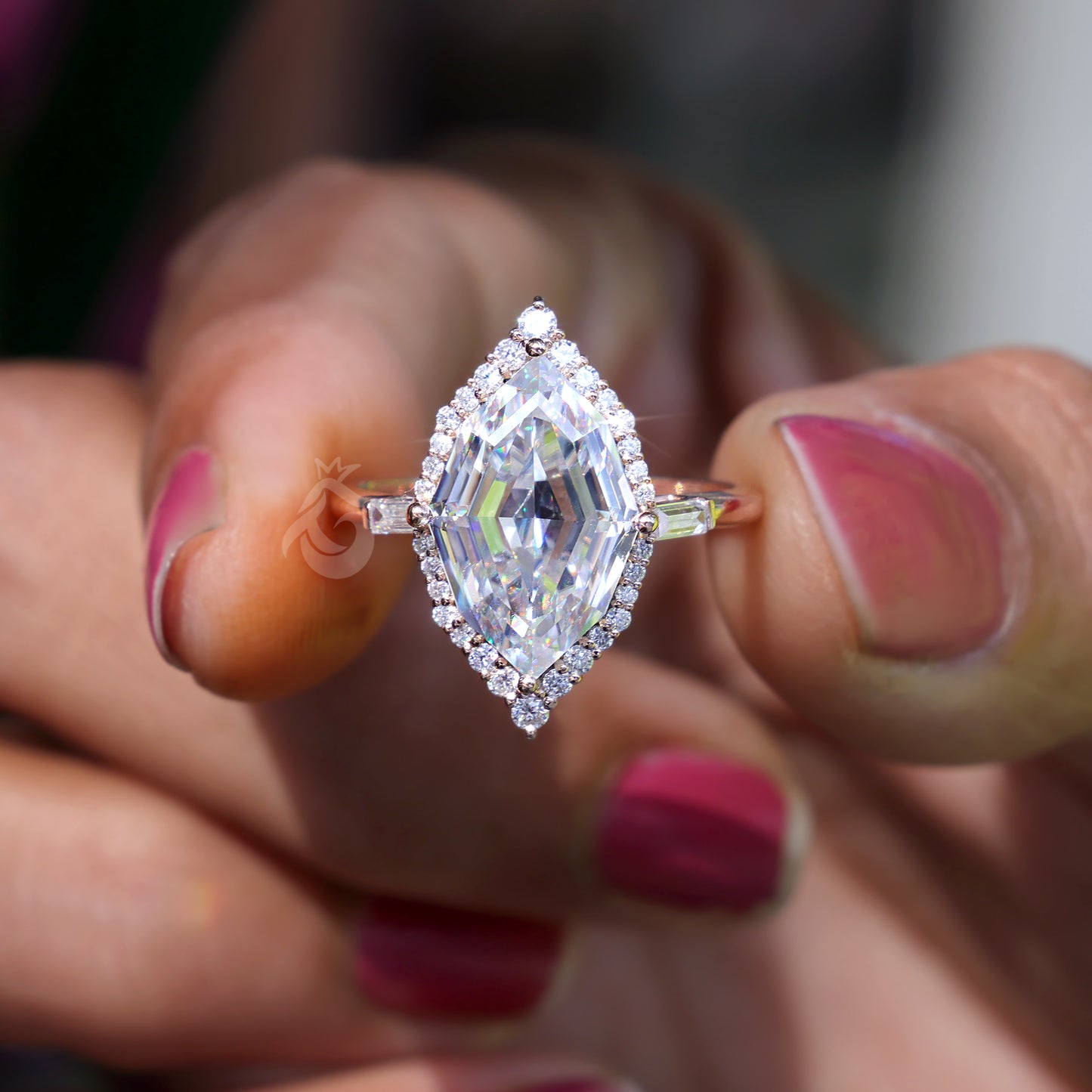 Dutch Marquise Moissanite Halo Engagement Ring, Baguette Side Stones, 14K Rose Gold