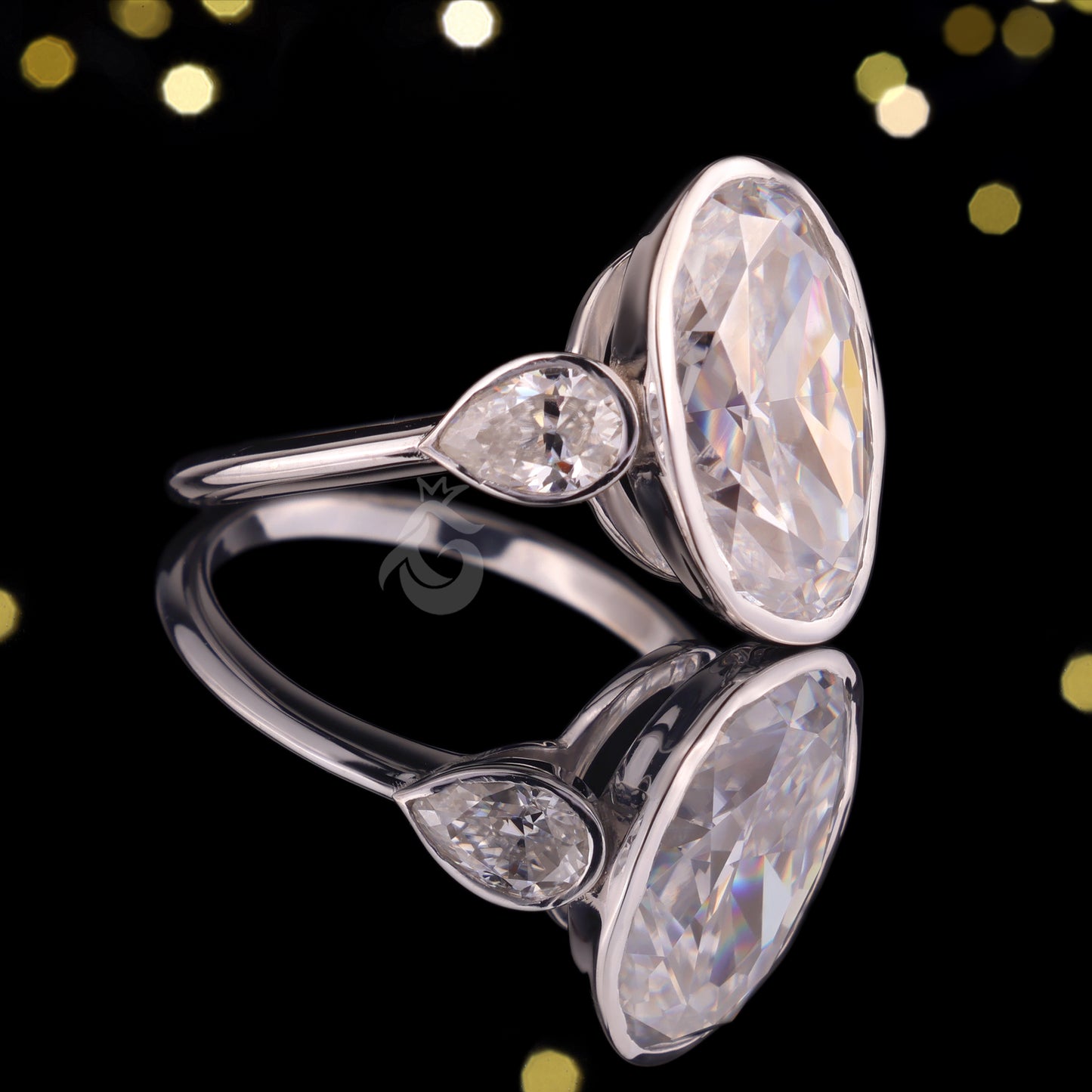 Elongated Oval Moissanite Bezel Engagement Ring, Three Stone, Side Pears