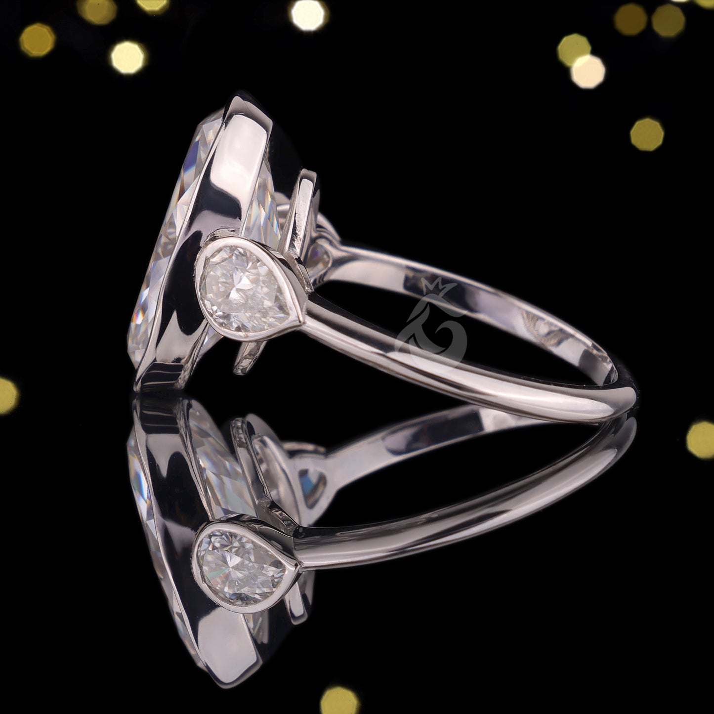 Elongated Oval Moissanite Bezel Engagement Ring, Three Stone, Side Pears